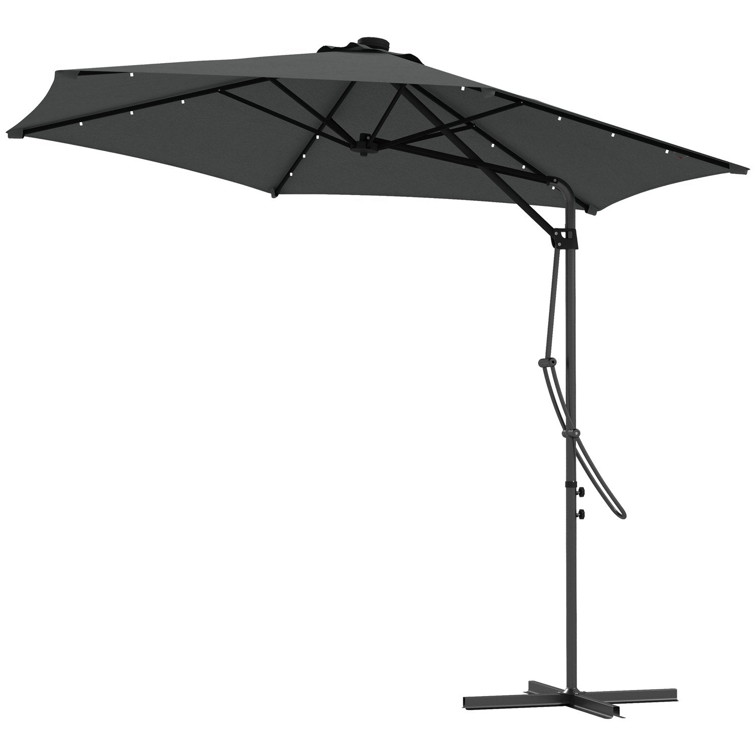 Parasol, Ø290 Cm Cantilever Paraply Med UV Beskyttelse, Led Balkon Parasol Med Cross Base, Terrasse Paraply Med Beskyttelsescover, Stål, Mørkegrå