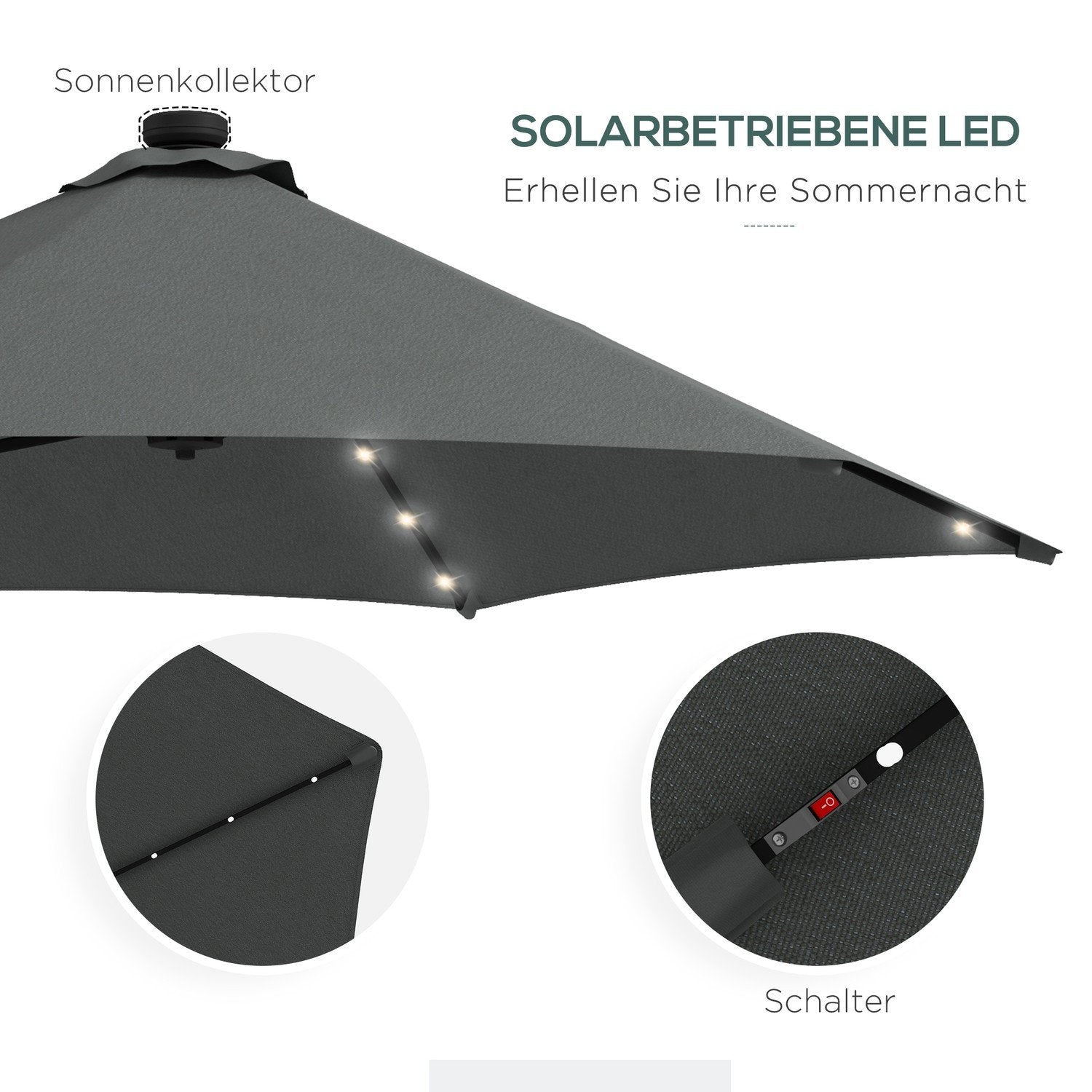 Parasol, Ø290 Cm Cantilever Paraply Med UV Beskyttelse, Led Balkon Parasol Med Cross Base, Terrasse Paraply Med Beskyttelsescover, Stål, Mørkegrå