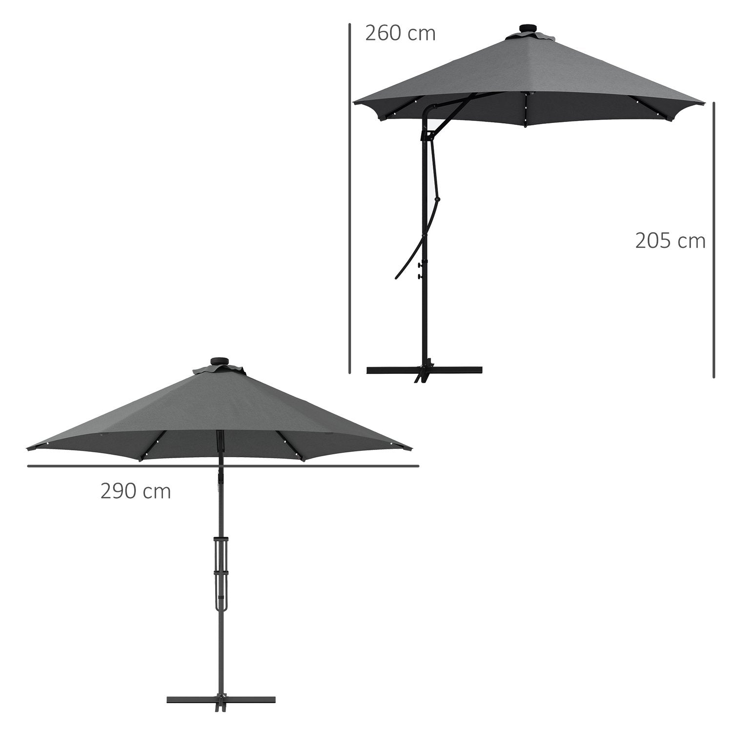 Parasol, Ø290 Cm Cantilever Paraply Med UV Beskyttelse, Led Balkon Parasol Med Cross Base, Terrasse Paraply Med Beskyttelsescover, Stål, Mørkegrå