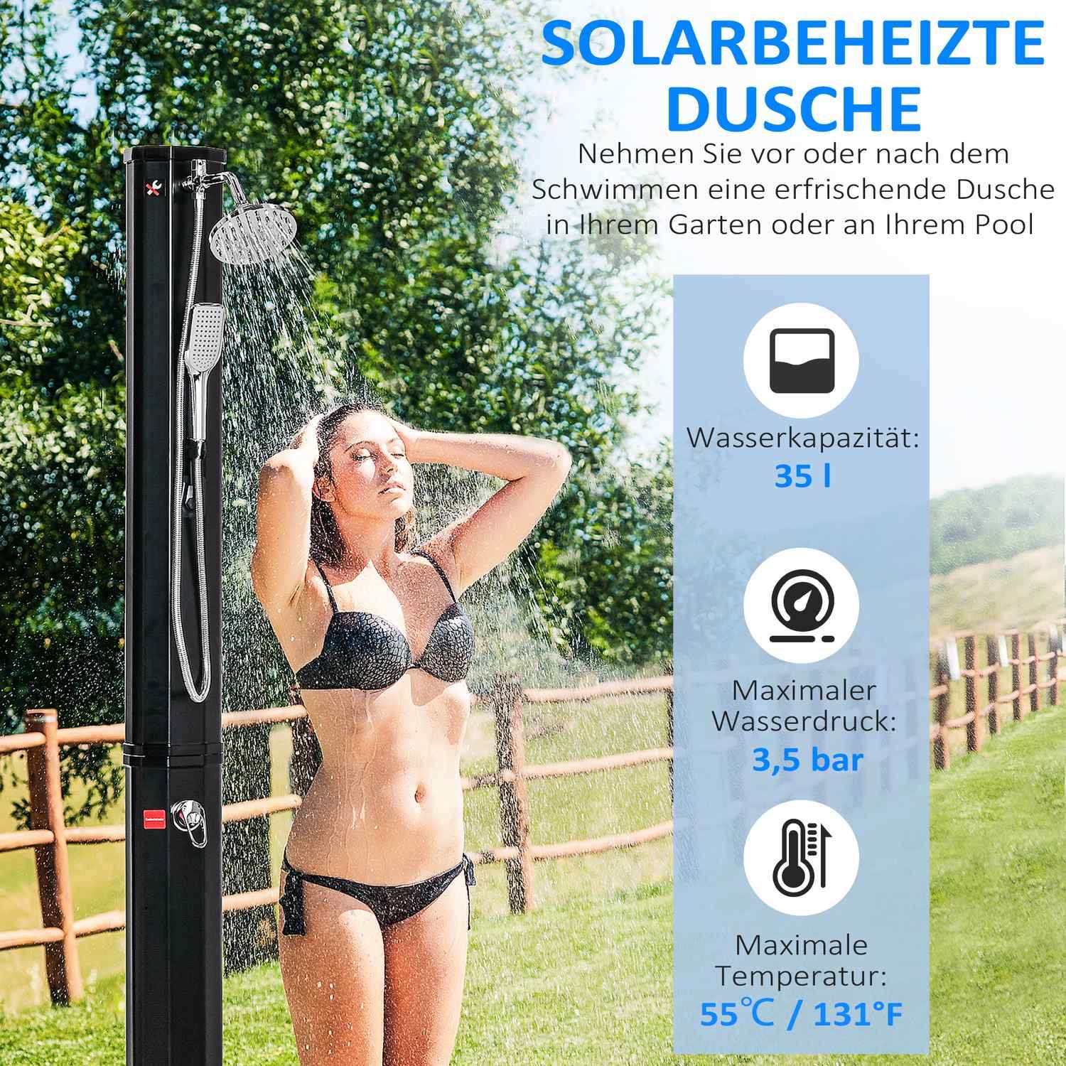 Solar Dusch 35L Varmvatten Camping Pool Dusch Kran Regn Dusch Huvud Svart 17,5X14,5X216Cm