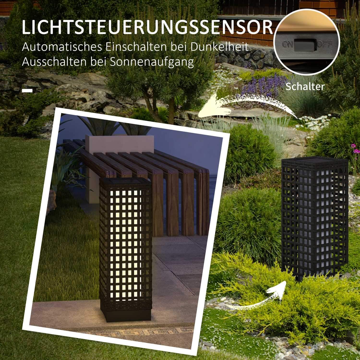 Solar Light Rattan Design, Vattentät, Ljussensor, Automatisk Led Trädgårdslampa, Svart, 15,5X15,5X46Cm