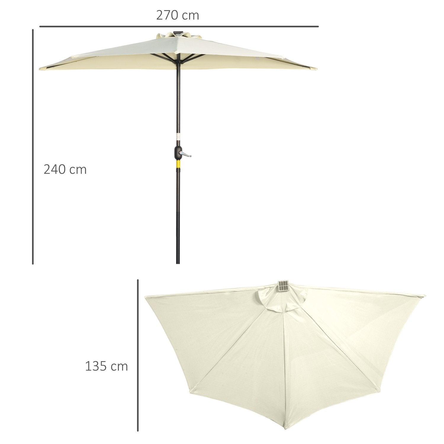 Parasol 265 X 240 Cm Halv Paraply Balkon Paraply Med Led Halv Rund Terrasse Paraply Med Håndsving Solpanel Til Have Metal Beige