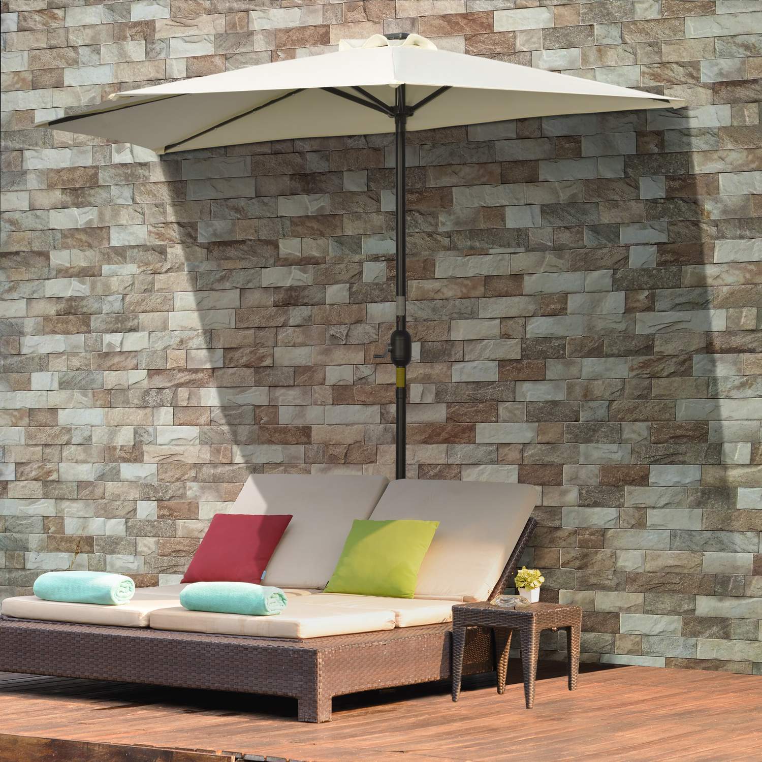 Parasol 265 X 240 Cm Halv Paraply Balkon Paraply Med Led Halv Rund Terrasse Paraply Med Håndsving Solpanel Til Have Metal Beige