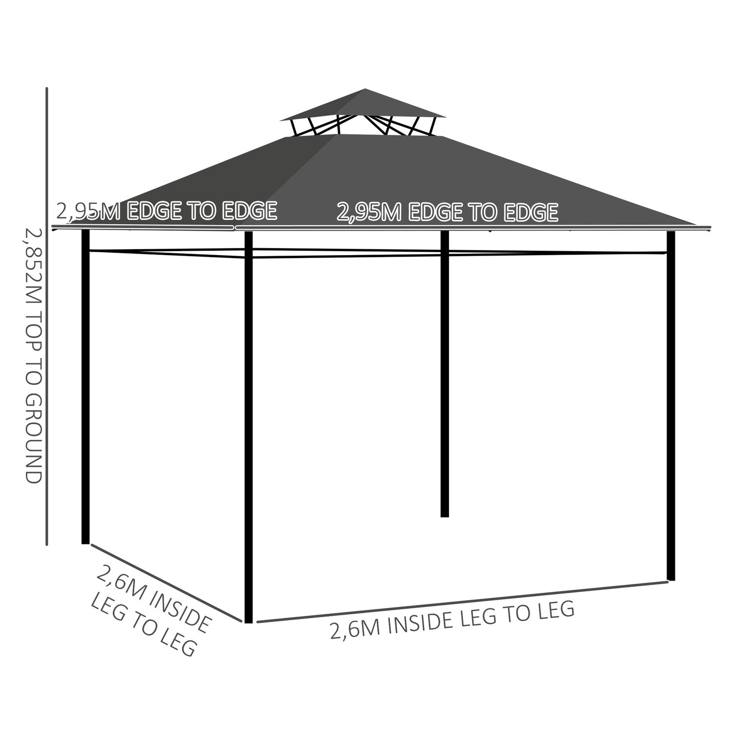 Outsolny Pavillon Ca. 3 X 3 M, Havetelt Med Sidevæg, Festtelt Med Dobbelttag, Vejrbestandigt Telt, Havepavillon, Metal, Mørkegrå.