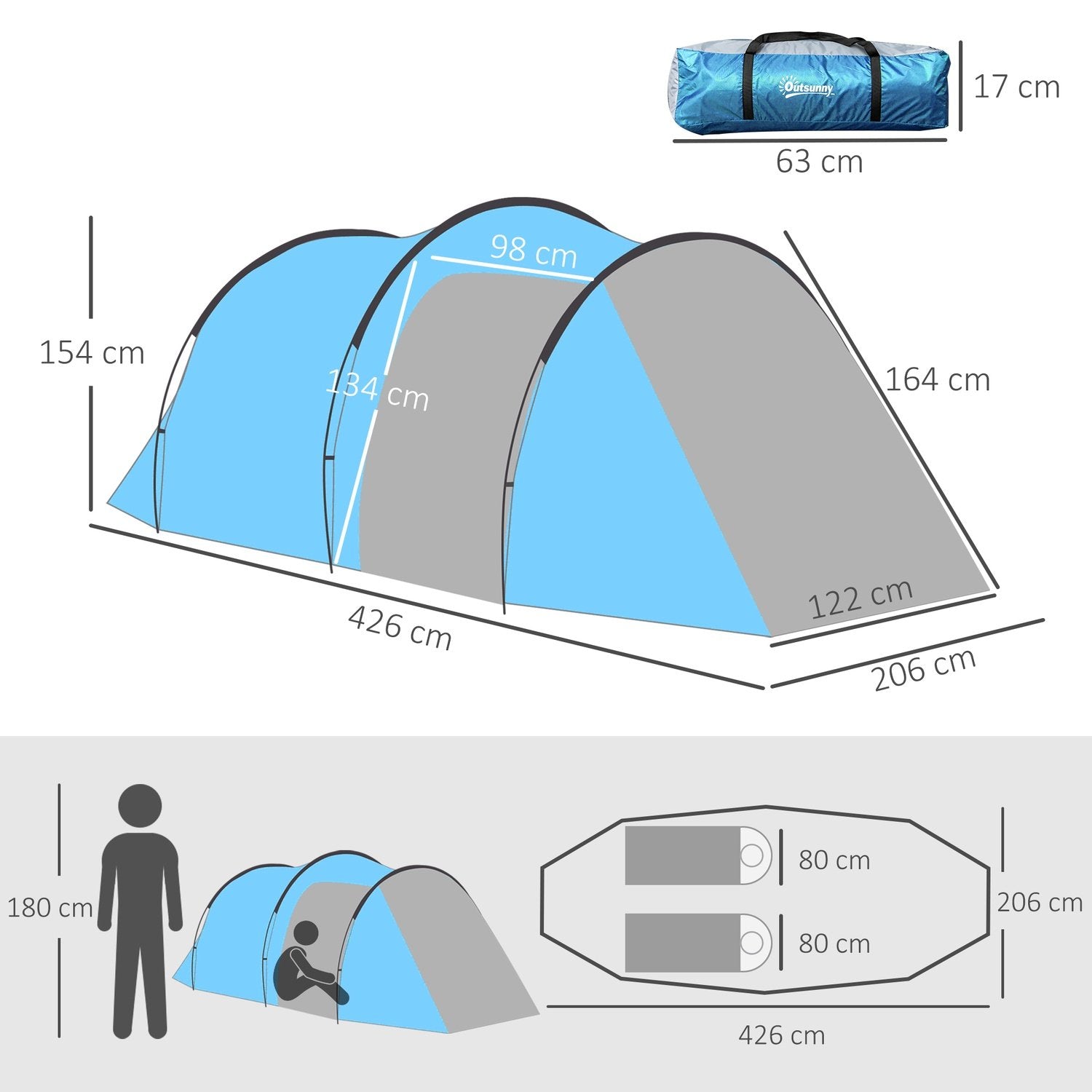 Tunneltält För 2-3 Personer 190T Campingtält Med Pinnar, Glasfiber & Polyester, Ljusblått, 426X206X154Cm