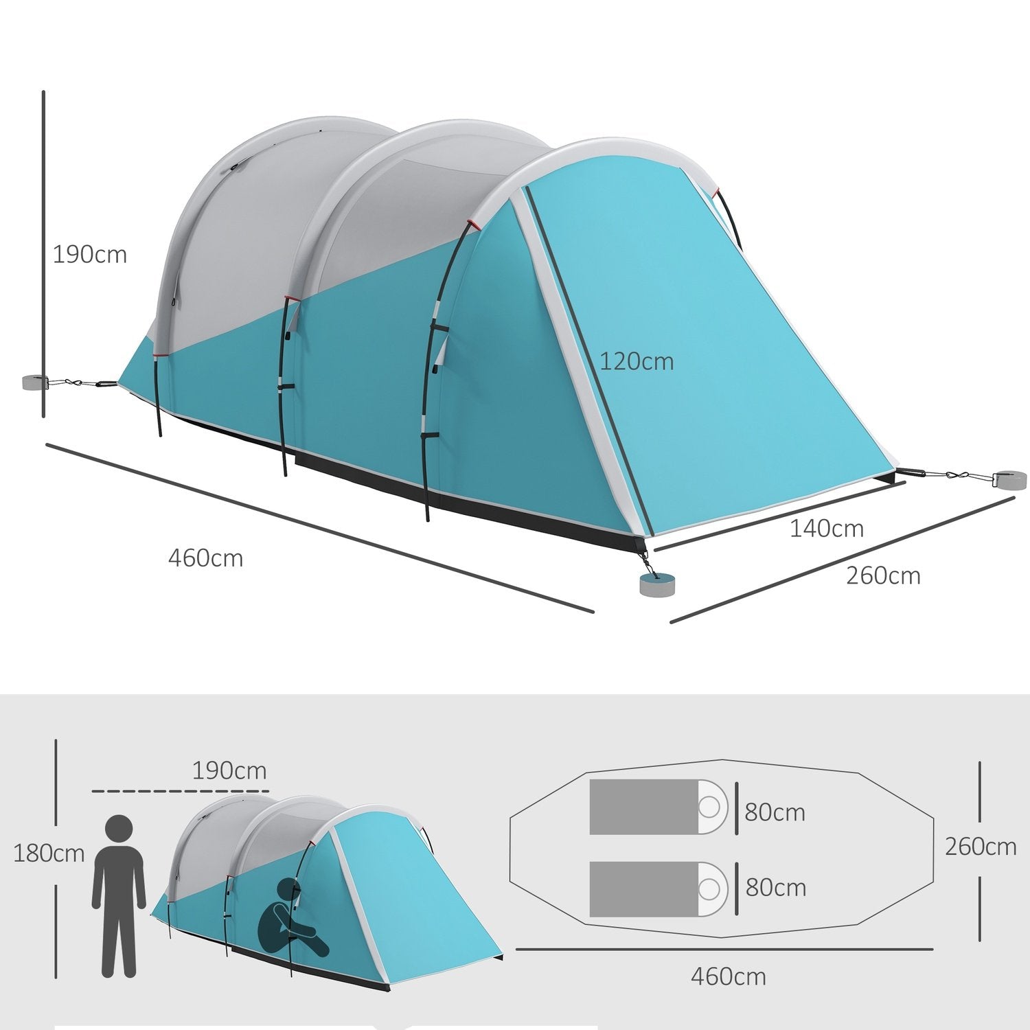 Tunneltelt Campingtelt 5 Personer 2 Værelser Bæretaske 3000 mm Vandtæt Blå