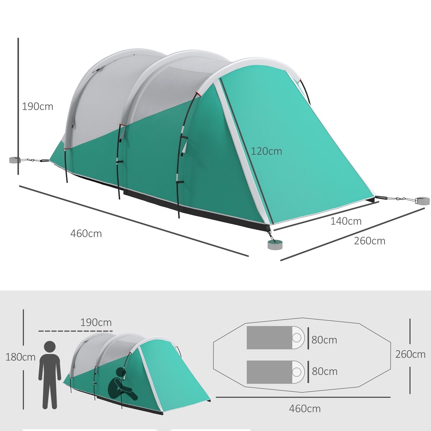 Tunnel Tält Campingtält 5 Personer Familjetält 2 Rum Bärväska 3000Mm Grupptält Trädgård Grön