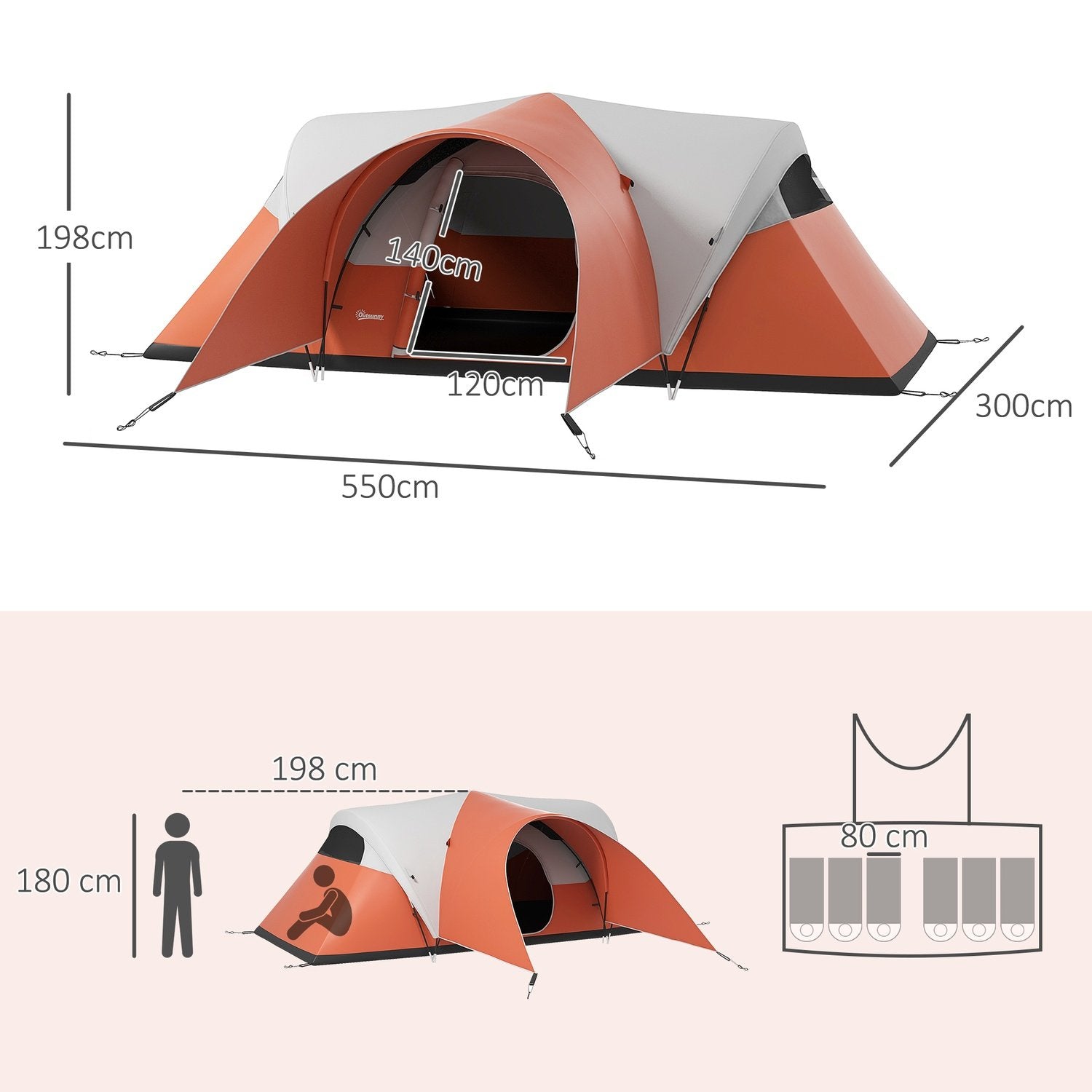 Tunneltält, Campingtält, Vattenavvisande Familjetält För 6 Personer, Festivaltält Med Fönster, Bärväska, För Trädgård, Uteplats, Orange