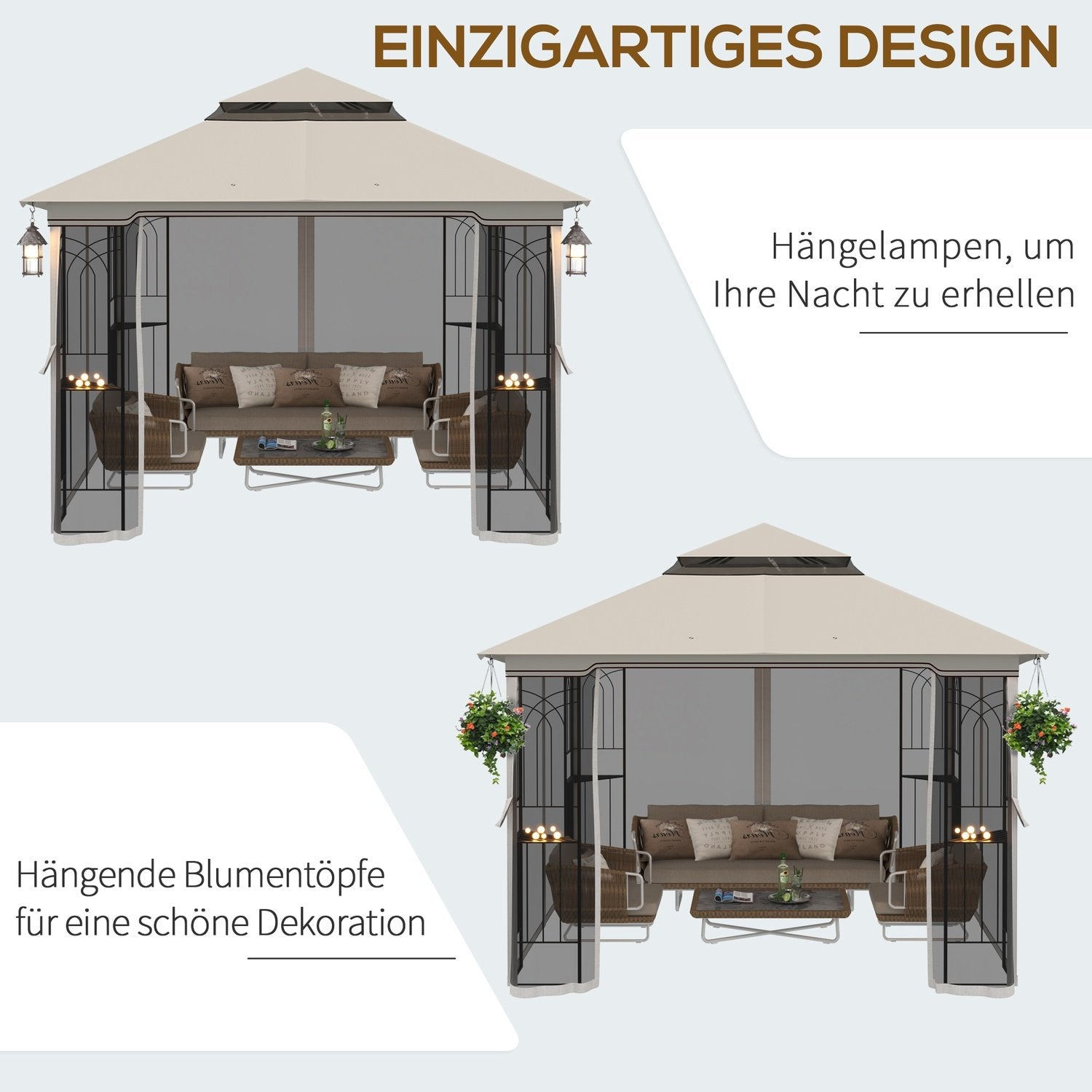 Trädgårdspaviljong Med Dubbeltak Paviljong Trädgårdstält Partytält Med 4 X Sidoväggar Metall + Polyesterbeige 2,99 X 2,99 X 2,74 M