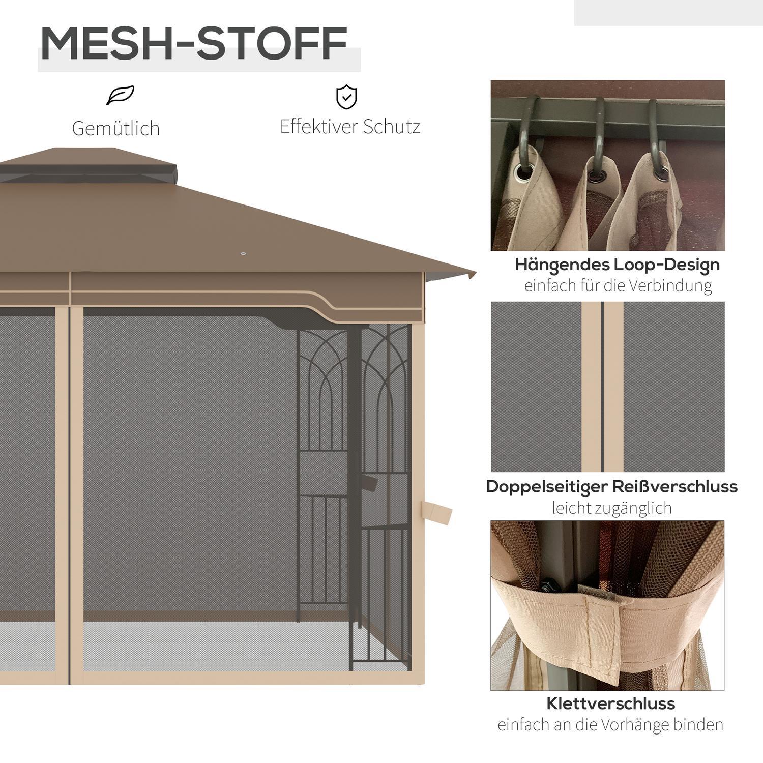 Havepavillon 3,65X3M telt med dobbelttag og myggenet, metal, brun+beige