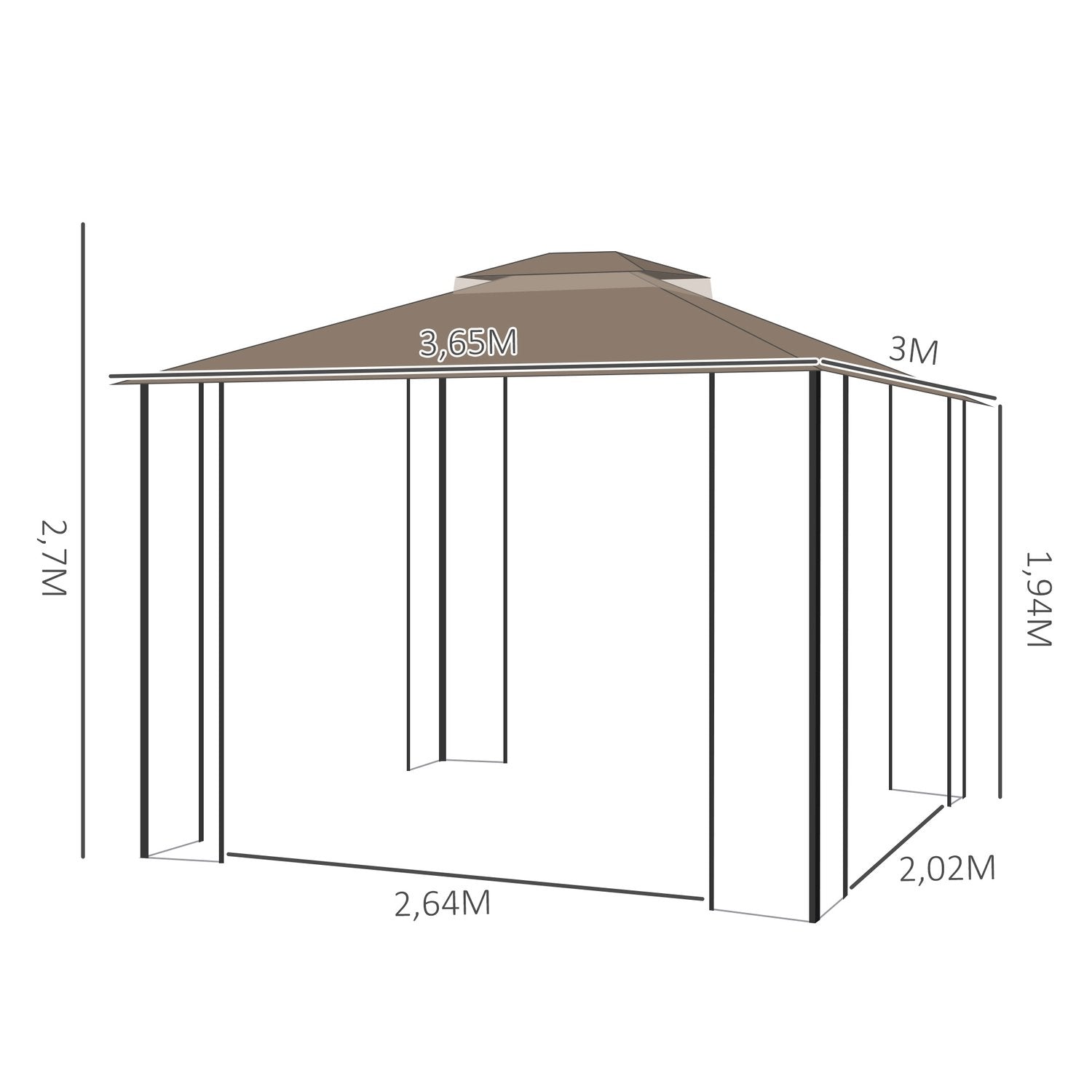 Havepavillon 3,65X3M telt med dobbelttag og myggenet, metal, brun+beige