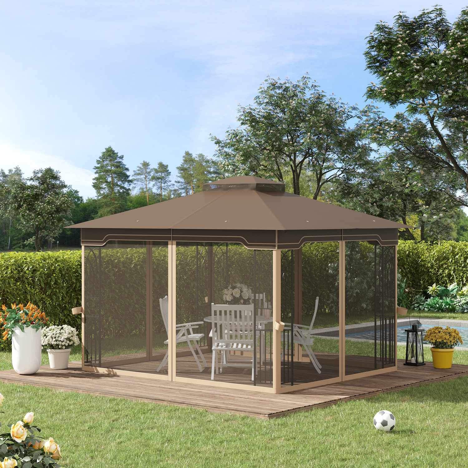 Havepavillon 3,65X3M telt med dobbelttag og myggenet, metal, brun+beige