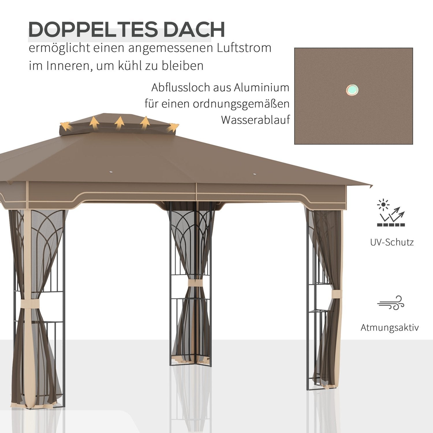 Havepavillon 3,65X3M telt med dobbelttag og myggenet, metal, brun+beige