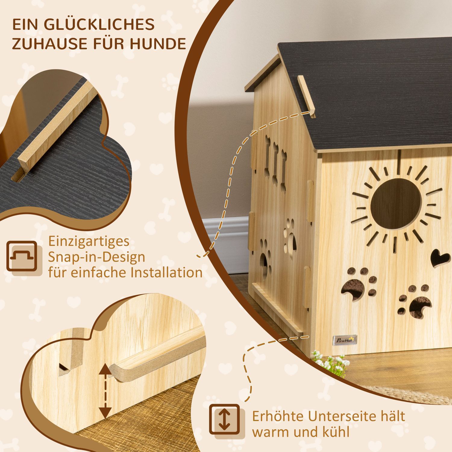 Hundekennel i træ Lille Dyrehus Med Ventilationsåbninger Hundehus Med Tag Hundehule Indendørs Mdf Eg + Sort 69 X 50 X 58,5 Cm