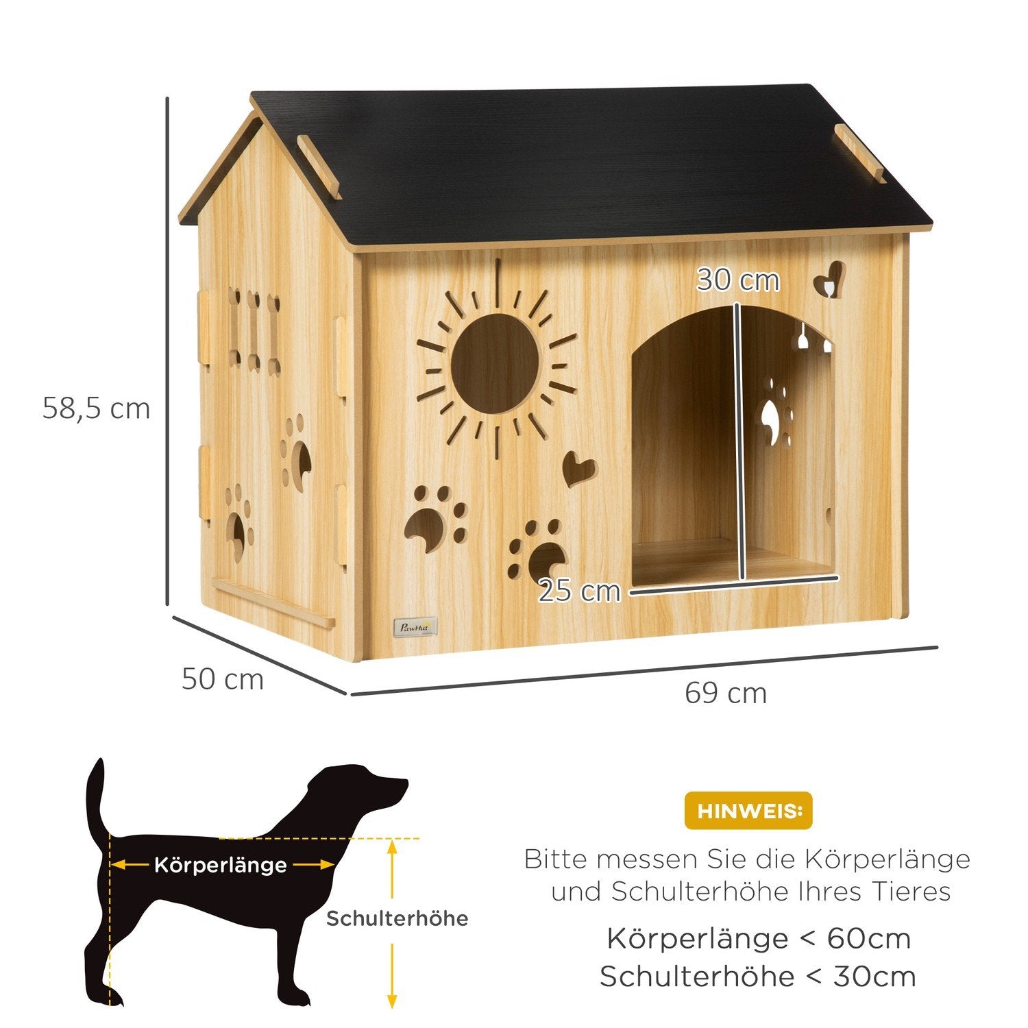 Hundekennel i træ Lille Dyrehus Med Ventilationsåbninger Hundehus Med Tag Hundehule Indendørs Mdf Eg + Sort 69 X 50 X 58,5 Cm