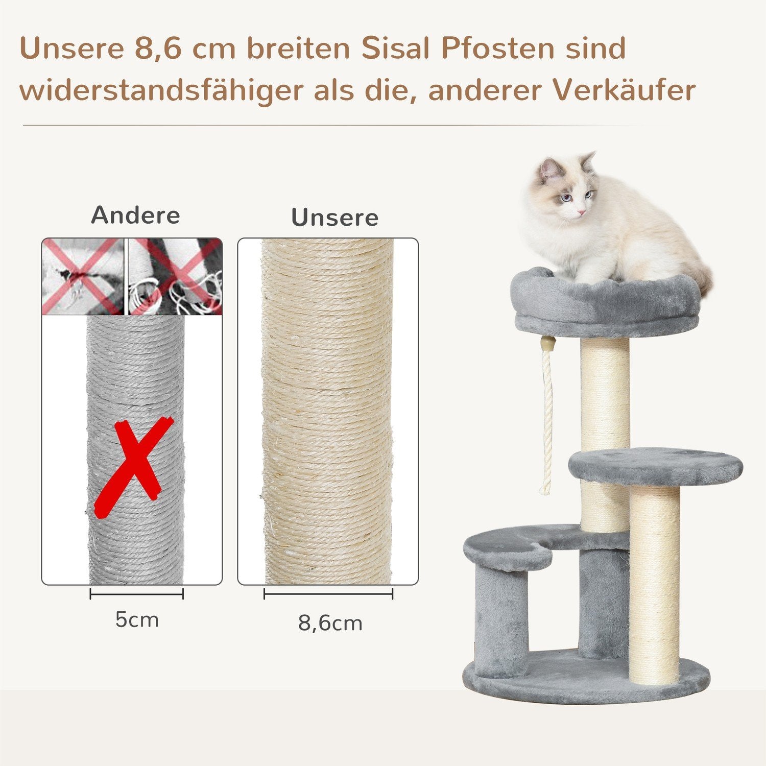 Kattetræ med hængekøje 3-lags legetræ med sisal-søjler, grå, Ø40Xh65 Cm