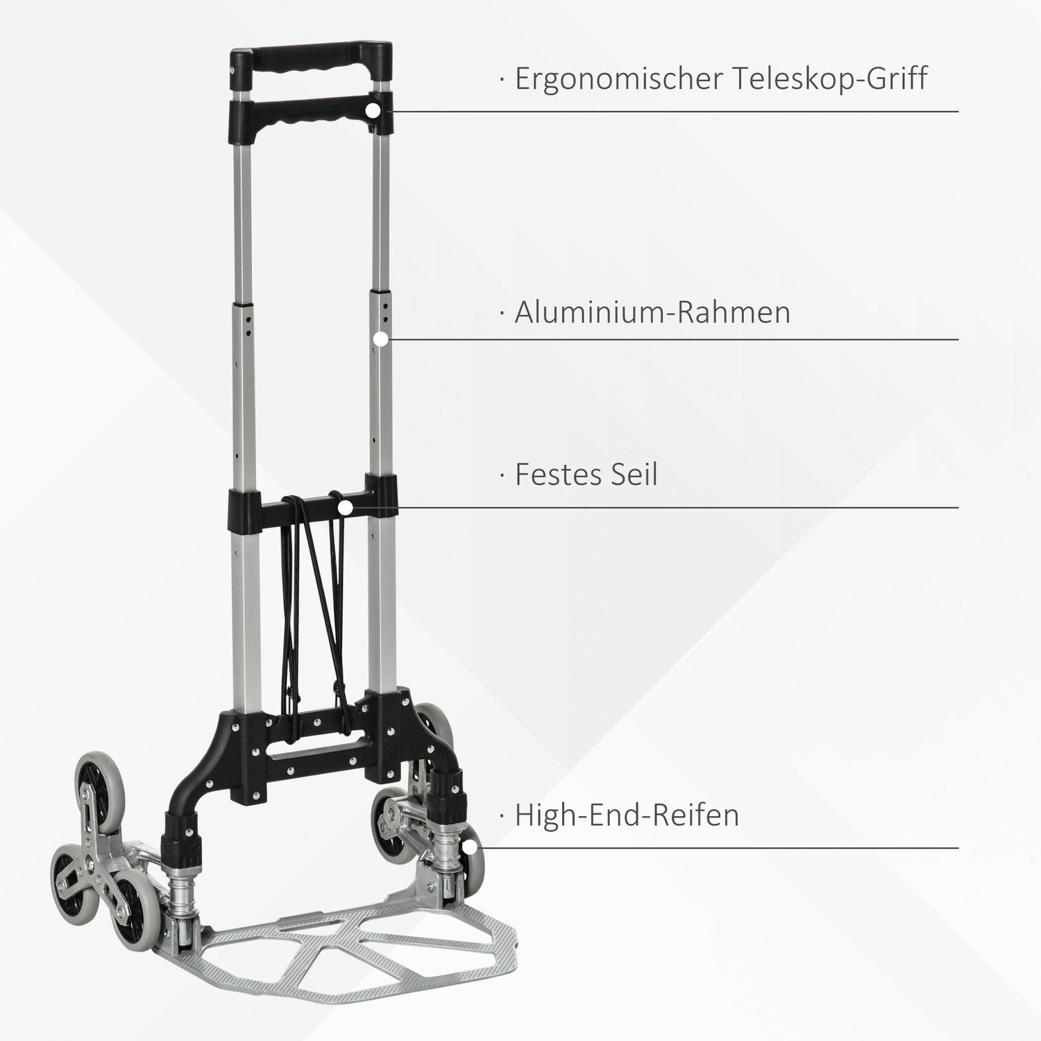 Trappeklatretaske lastbil sammenklappelig, 6-rullesystem, fast reb, op til 70 kg, aluminium, sølv, 70 kg lastekapacitet