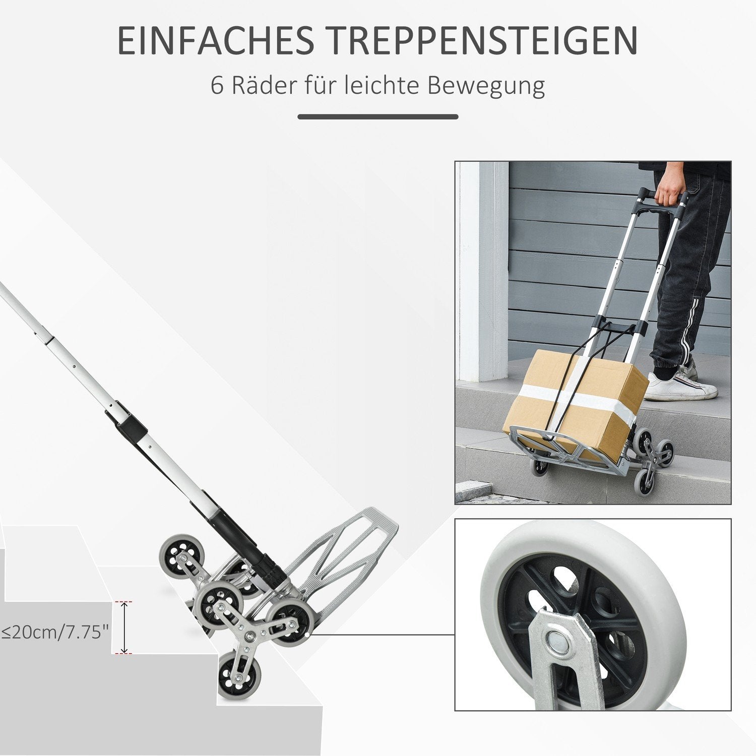 Trappeklatretaske lastbil sammenklappelig, 6-rullesystem, fast reb, op til 70 kg, aluminium, sølv, 70 kg lastekapacitet