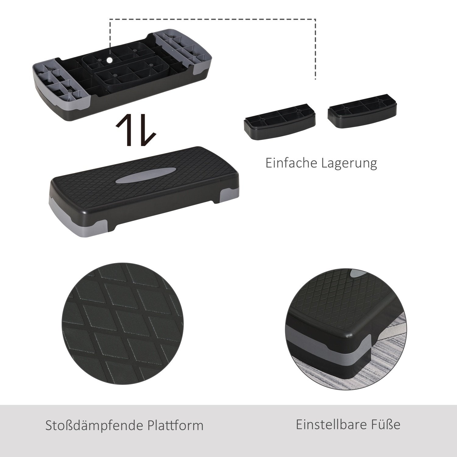 Stepping Board Aerobic Fitness 2-Level Höjd Justerbar (10/15 Cm), Motionscykel Stepper, Svart+Grå, 68X29X15Cm