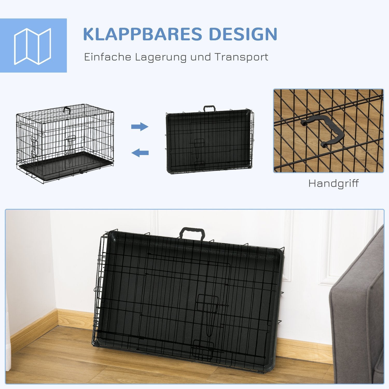 Hundekasse Transportkasse Lille Dyrebur Hundebur Transportbur Sammenfoldelig Metal Sort 76 X 46 X 52 Cm