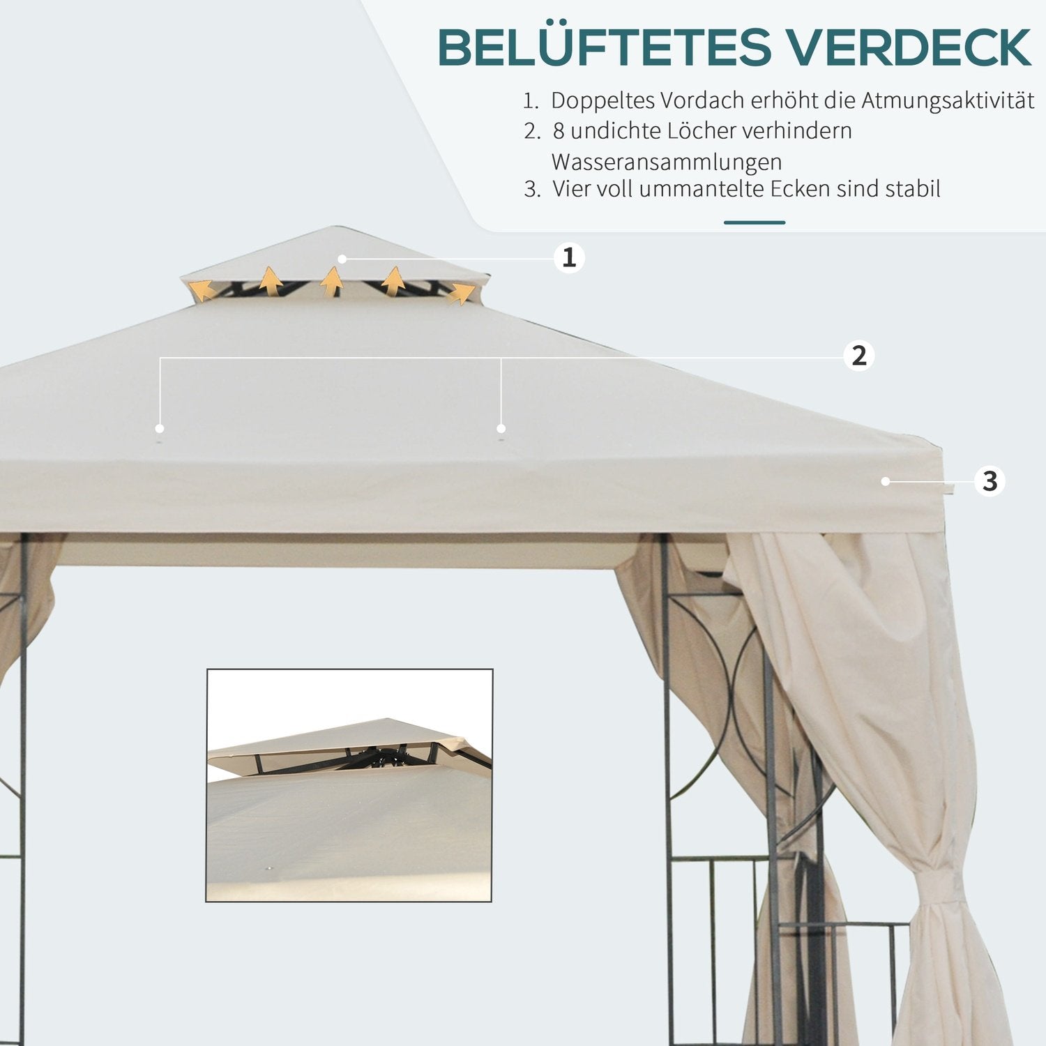 Outsolny Havepavillon Ca. 3 X 3 M Dobbelttag Festtelt 4 X Dobbelte Sidepaneler Vandtæt UV-beskyttelse Metal Polyester Creme.