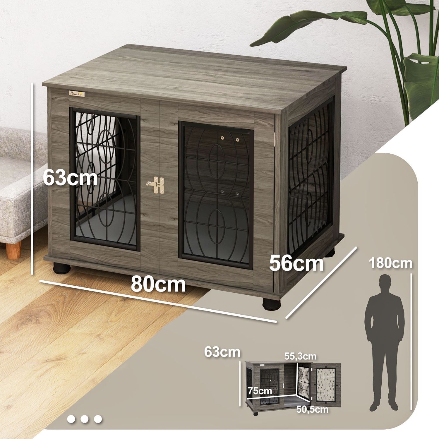 Hundebur Hundehuspude Låsbar yderdør Hundekennel Trådnet op til 20 kg Grå 80X56X63Cm