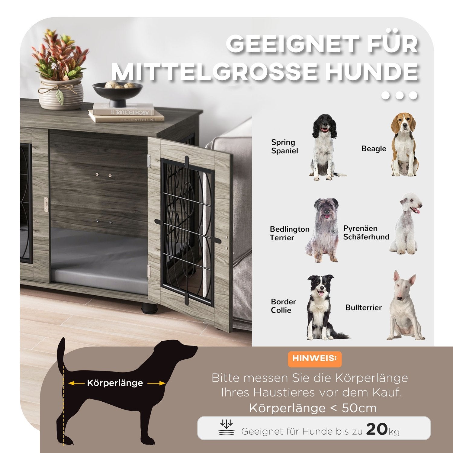 Hundebur Hundehuspude Låsbar yderdør Hundekennel Trådnet op til 20 kg Grå 80X56X63Cm