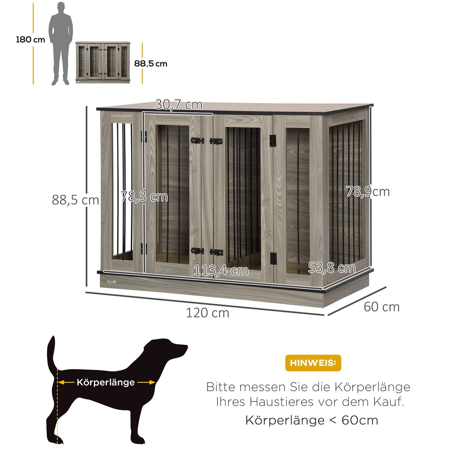 Hundebur Kæledyrsbur med aftagelig skillevæg Hundeboks Dyrebur Hundehus interiør Mørk valnød + eg 120 X 60 X 88,5 cm