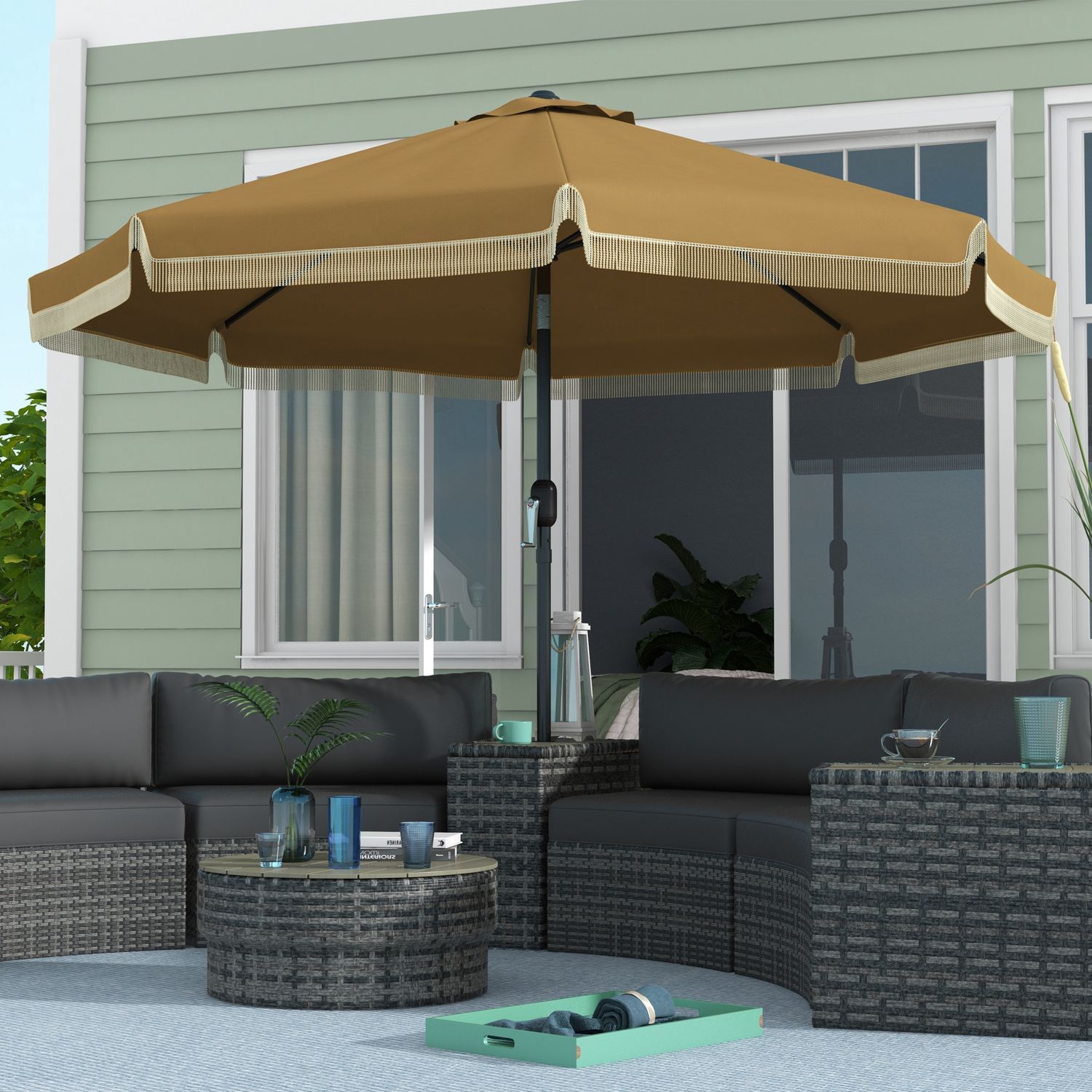 Parasol Diameter 265 Cm Terrasse Paraply Med Frynser Vippe Strand Parasol Med 8 Ribber Til Have Balkon Khaki