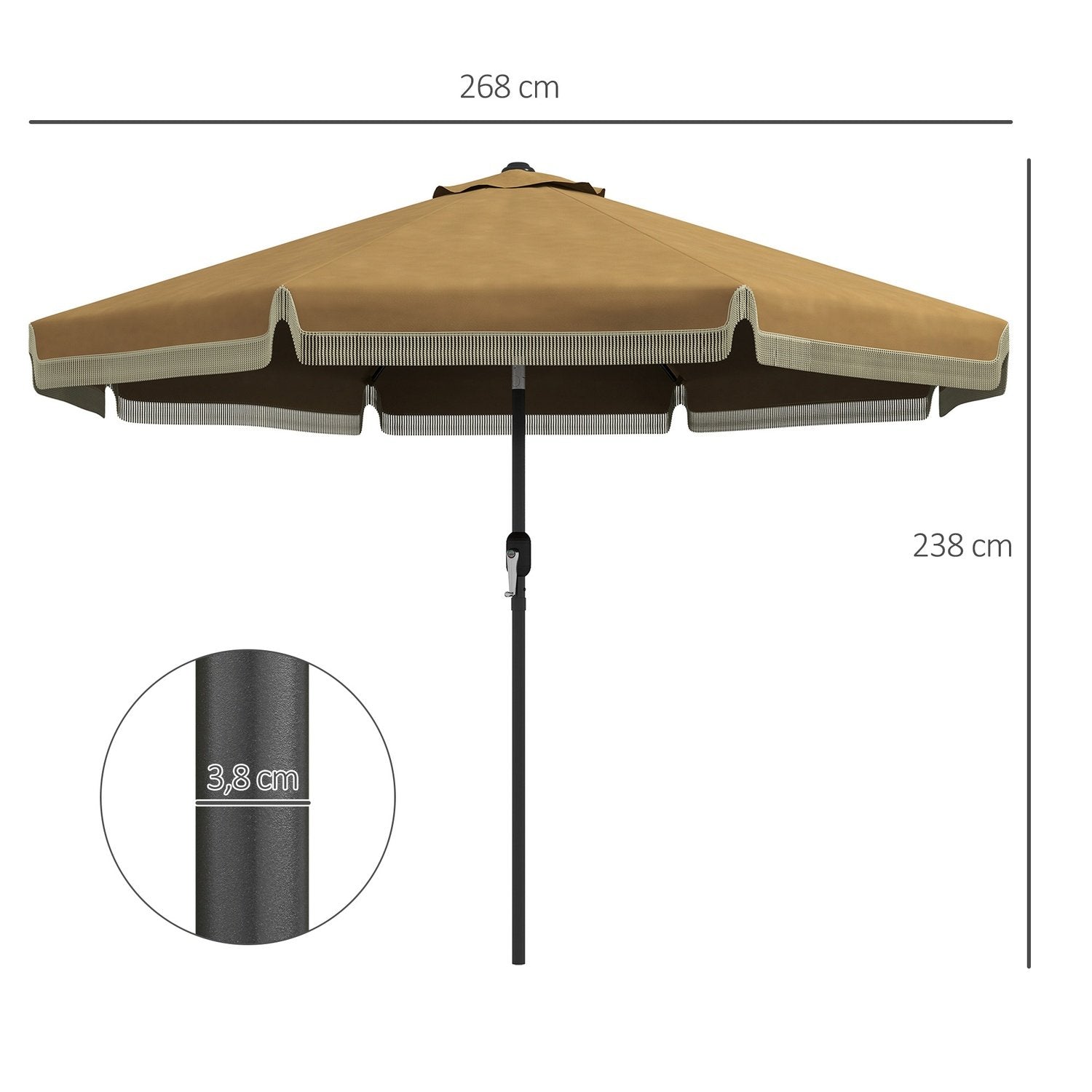 Parasol Diameter 265 Cm Terrasse Paraply Med Frynser Vippe Strand Parasol Med 8 Ribber Til Have Balkon Khaki