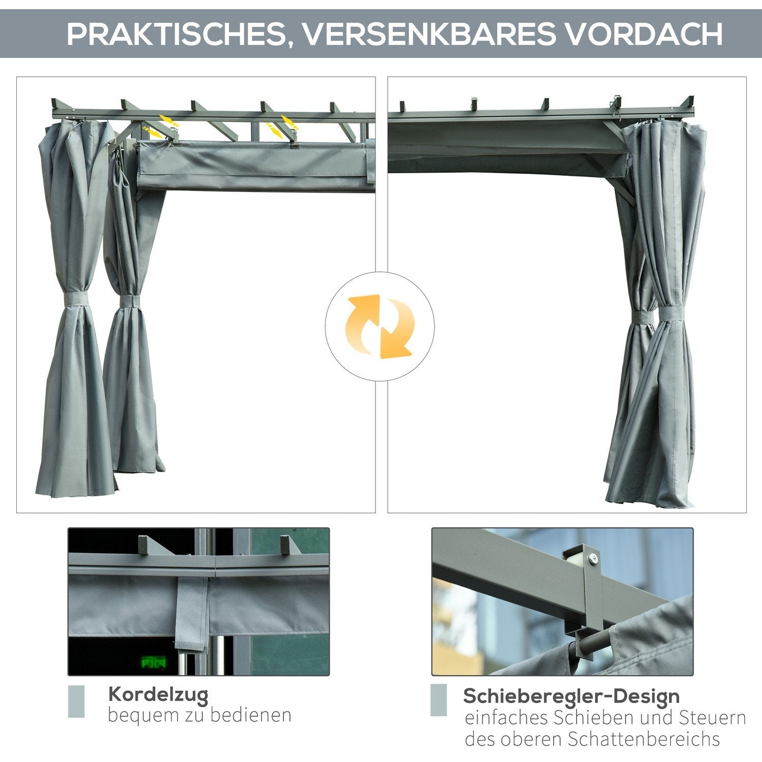 Pergola Gazebo Med Justerbart Tygtak, Väderbeständig, 3,6X3X2,27M, Stål, Grå