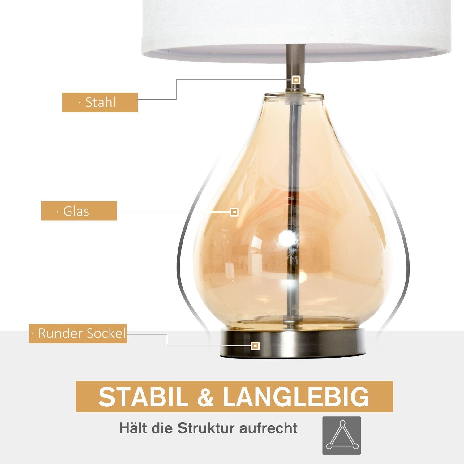 Bordslampa Set Med 2 Sänglampor Med E27-Sockel, 40W, Glas, Linne, Stål, Bärnsten, Ø30 X 56H Cm