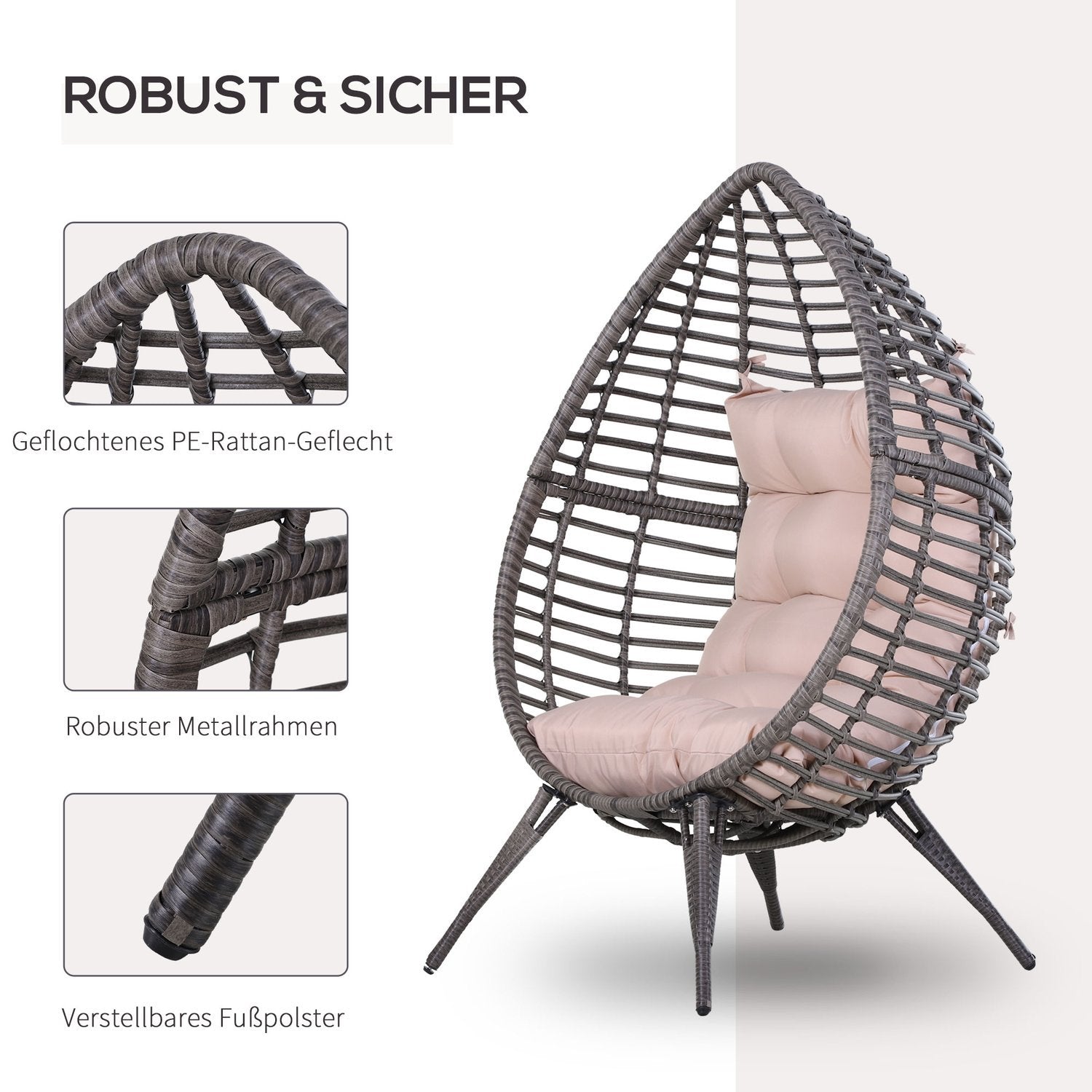 Teardrop Rottingstol Trädgårdsstol Med Sittdyna Upphöjd Rottingstol Stålgrå 101 X 89 X 156 Cm