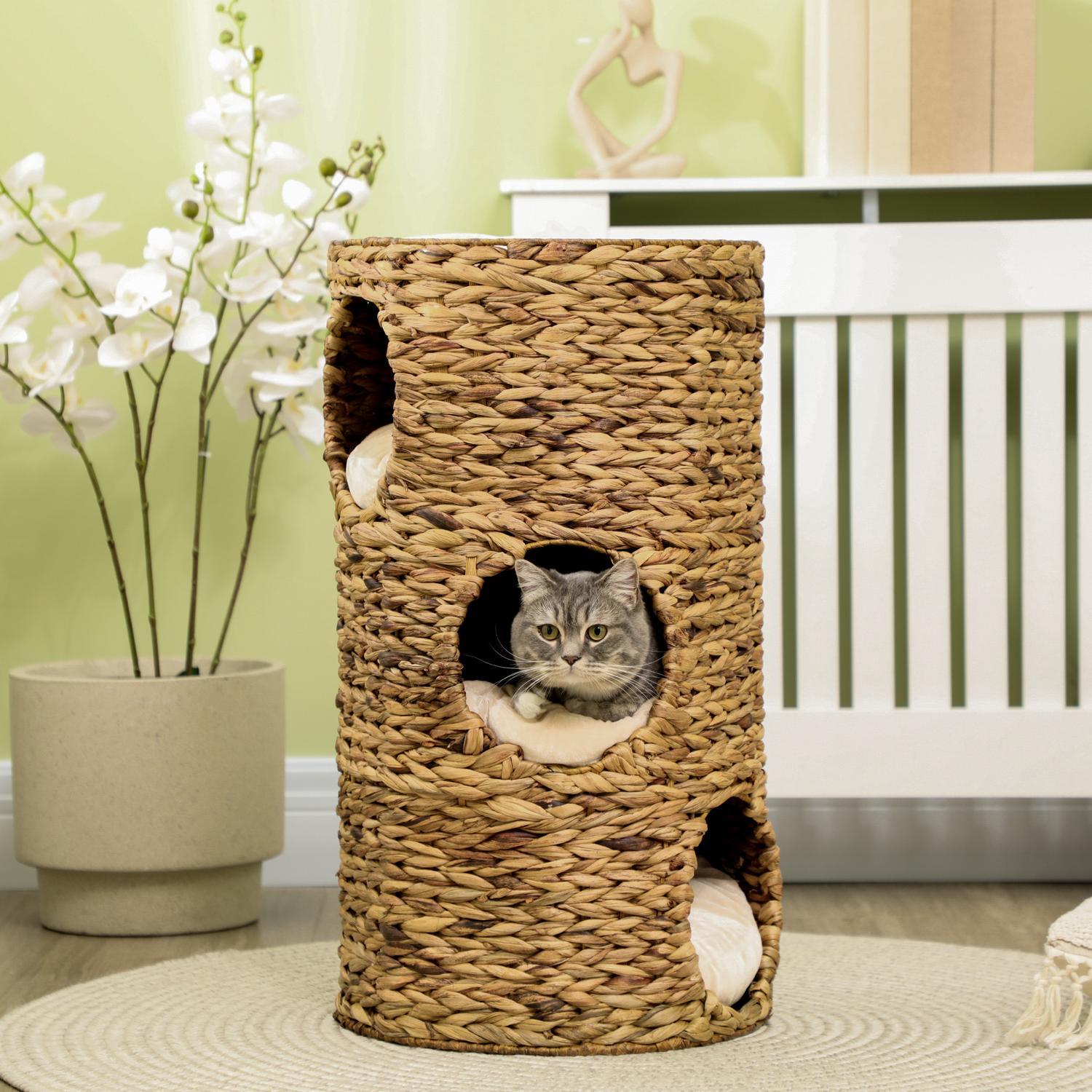 Scratch Thin Cat Tower 73 cm 3-niveaus pude Vandhyacint Stål Lysebrun