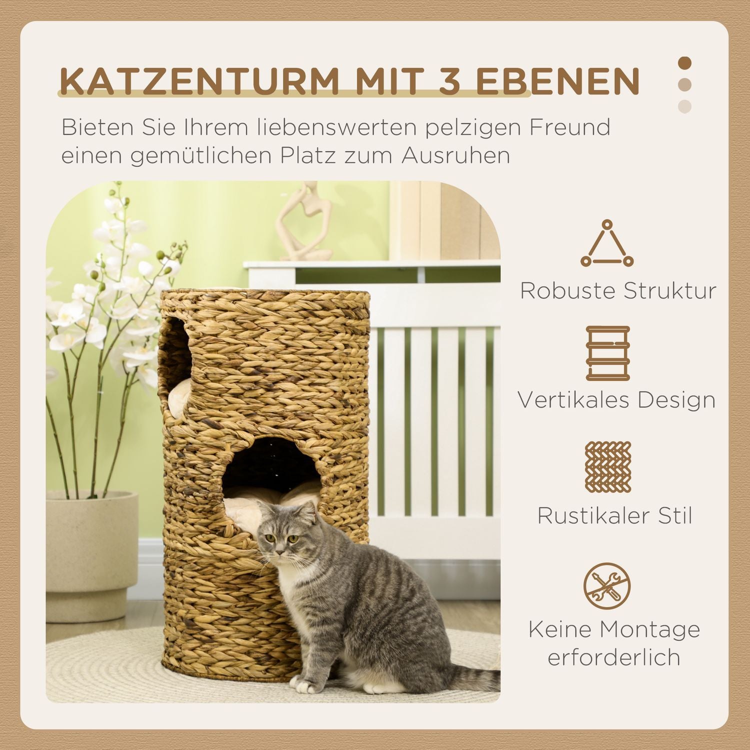 Scratch Thin Cat Tower 73 cm 3-niveaus pude Vandhyacint Stål Lysebrun