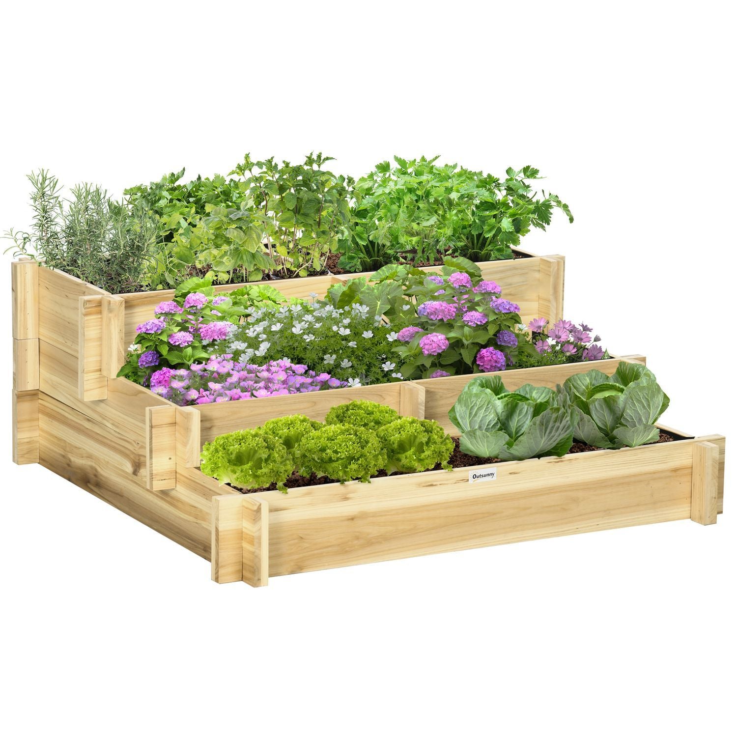 Højbed 3-Etagers Blomsterkasse Plantebed Med Stofforing Urtebed Blomstertrappe Til Altan Have Træ Naturligt 93 X 93 X 35 Cm