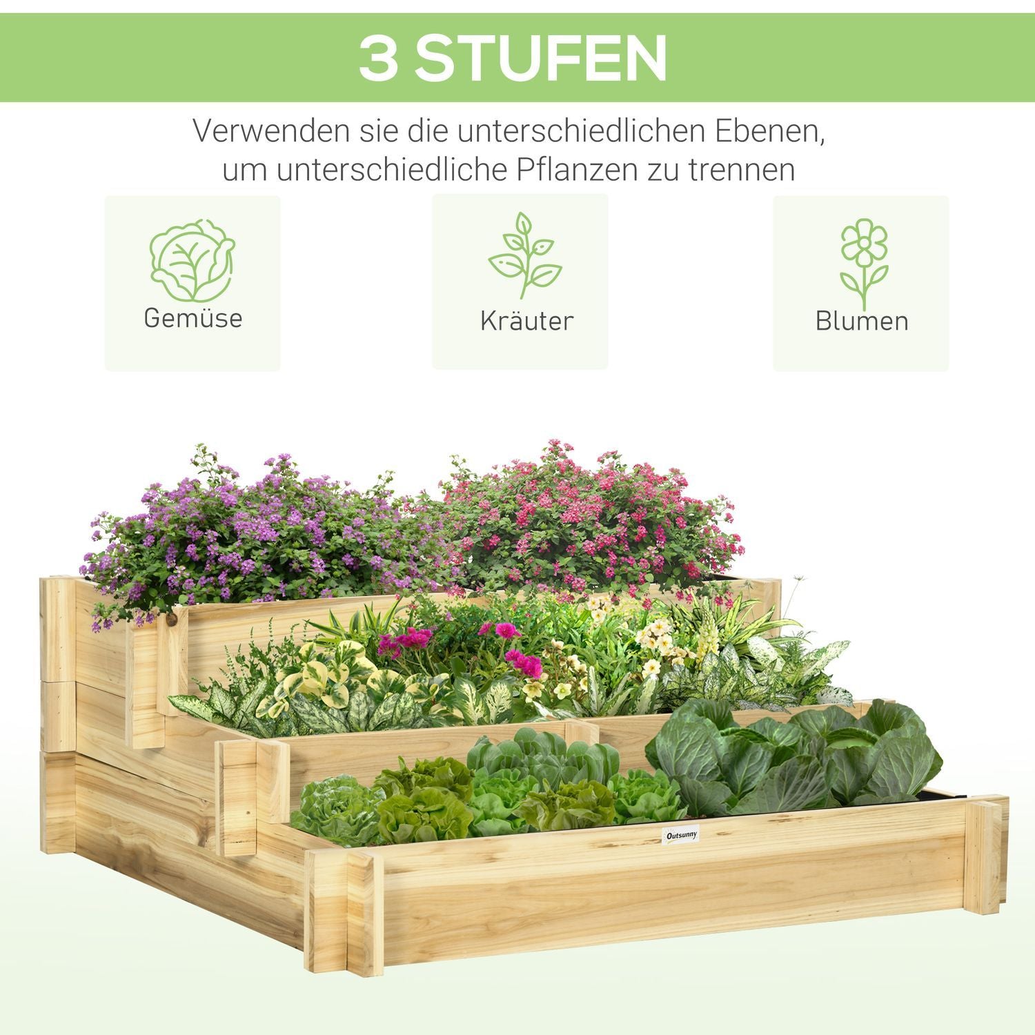 Højbed 3-Etagers Blomsterkasse Plantebed Med Stofforing Urtebed Blomstertrappe Til Altan Have Træ Naturligt 93 X 93 X 35 Cm