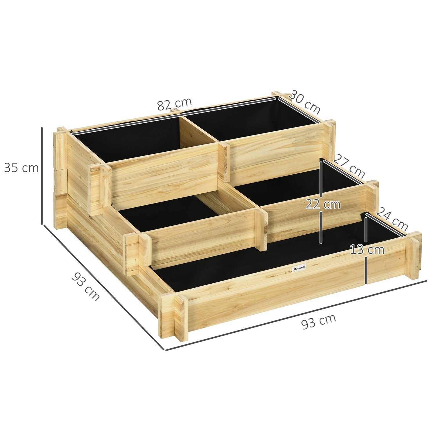 Højbed 3-Etagers Blomsterkasse Plantebed Med Stofforing Urtebed Blomstertrappe Til Altan Have Træ Naturligt 93 X 93 X 35 Cm