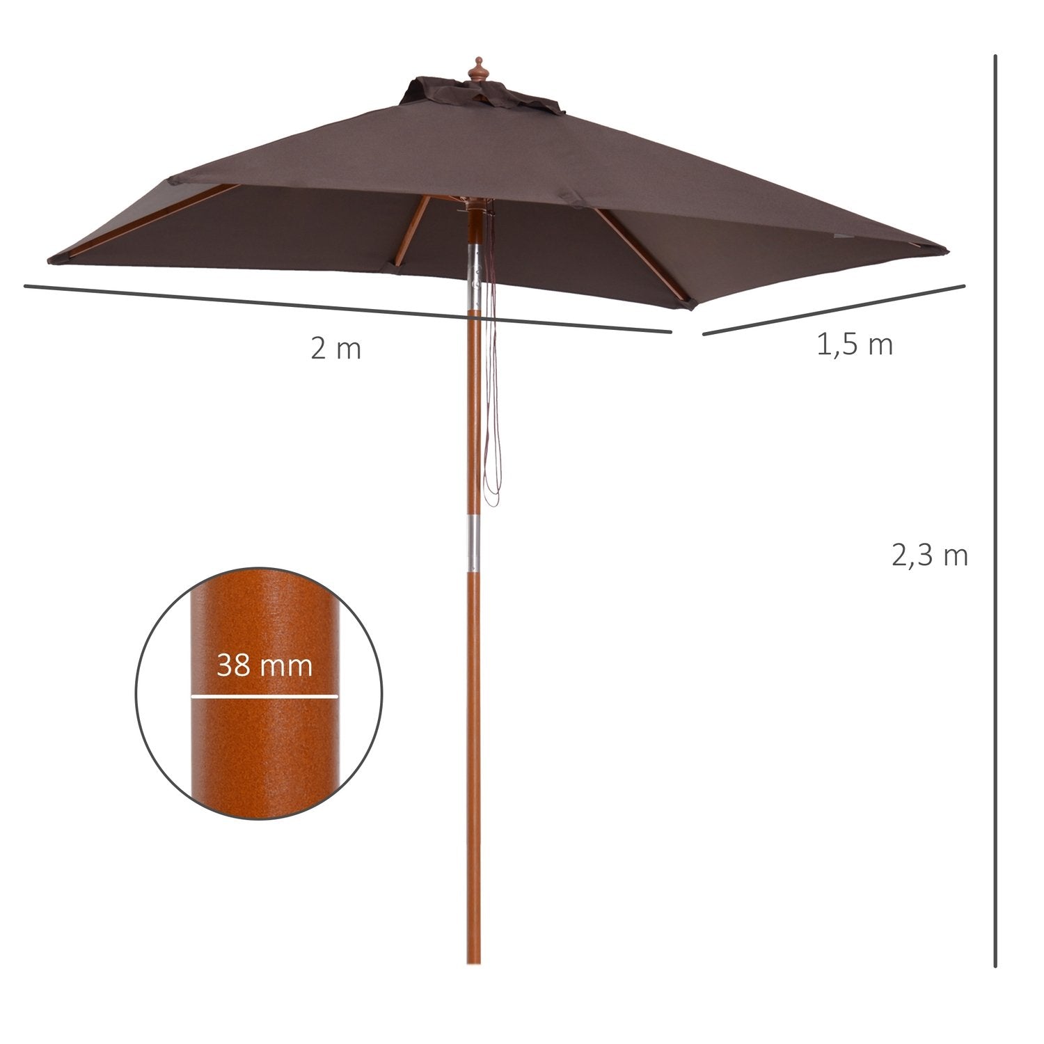 Parasol sammenklappelig haveparaply Strandparaply 3-niveau justerbar grantræ + polyester kaffe 200 X 150 X 230 Cm