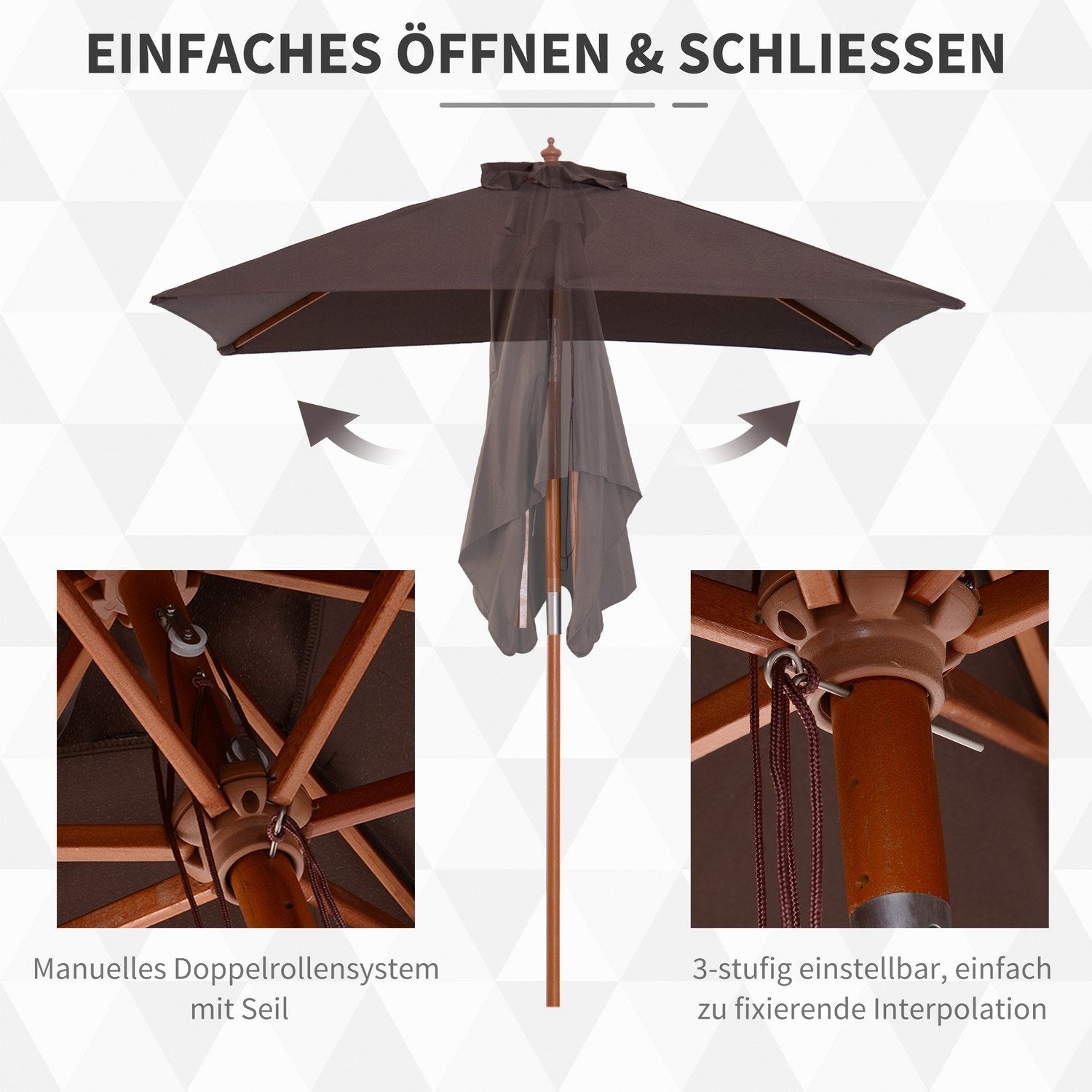 Parasol sammenklappelig haveparaply Strandparaply 3-niveau justerbar grantræ + polyester kaffe 200 X 150 X 230 Cm