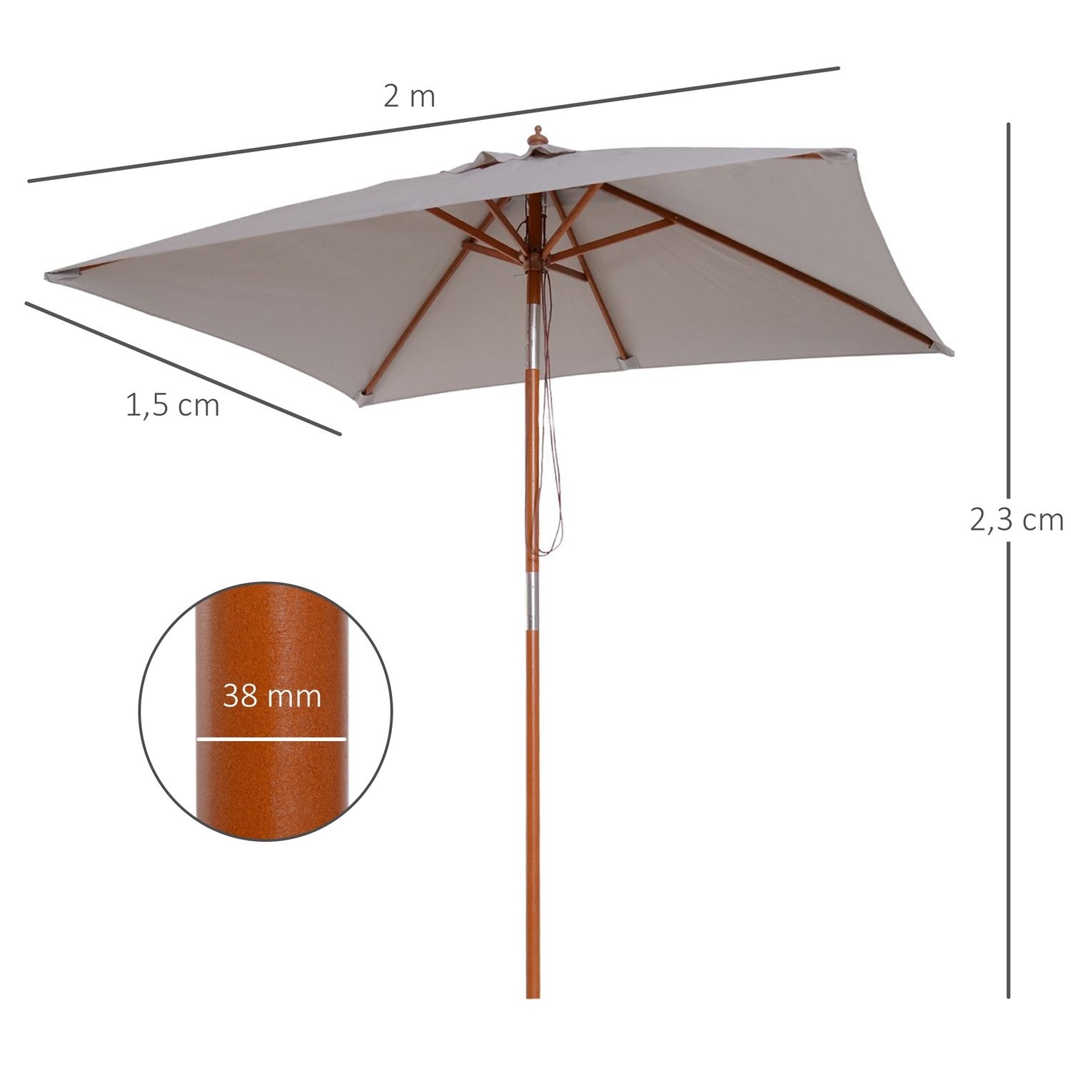 Parasol sammenklappelig haveparaply lavet af grantræ, justerbar i 3 niveauer, grå, 200x150x230 cm