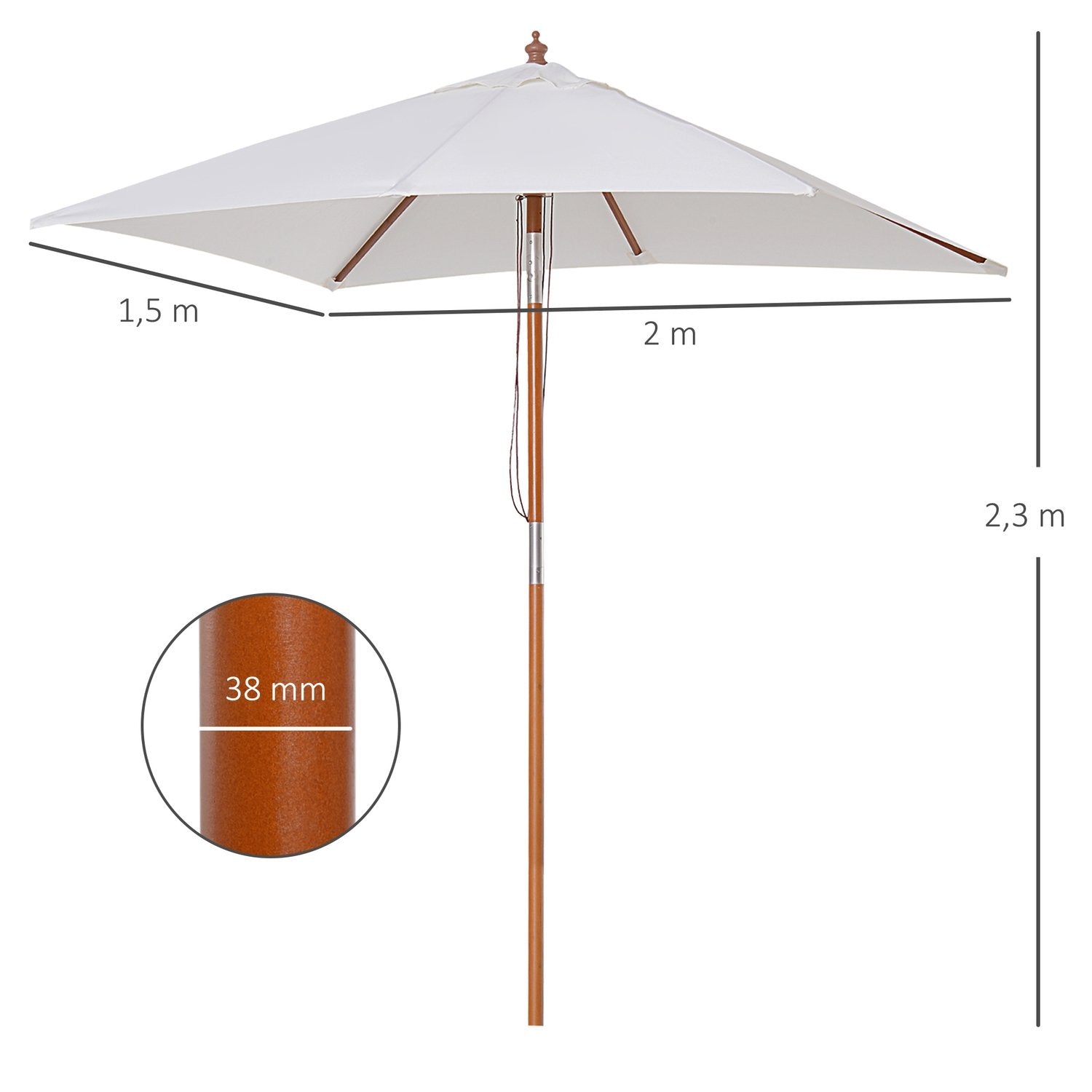 Parasol foldehaveparaply lavet af grantræ, justerbar i 3 niveauer, cremehvid, 200x150x230 cm