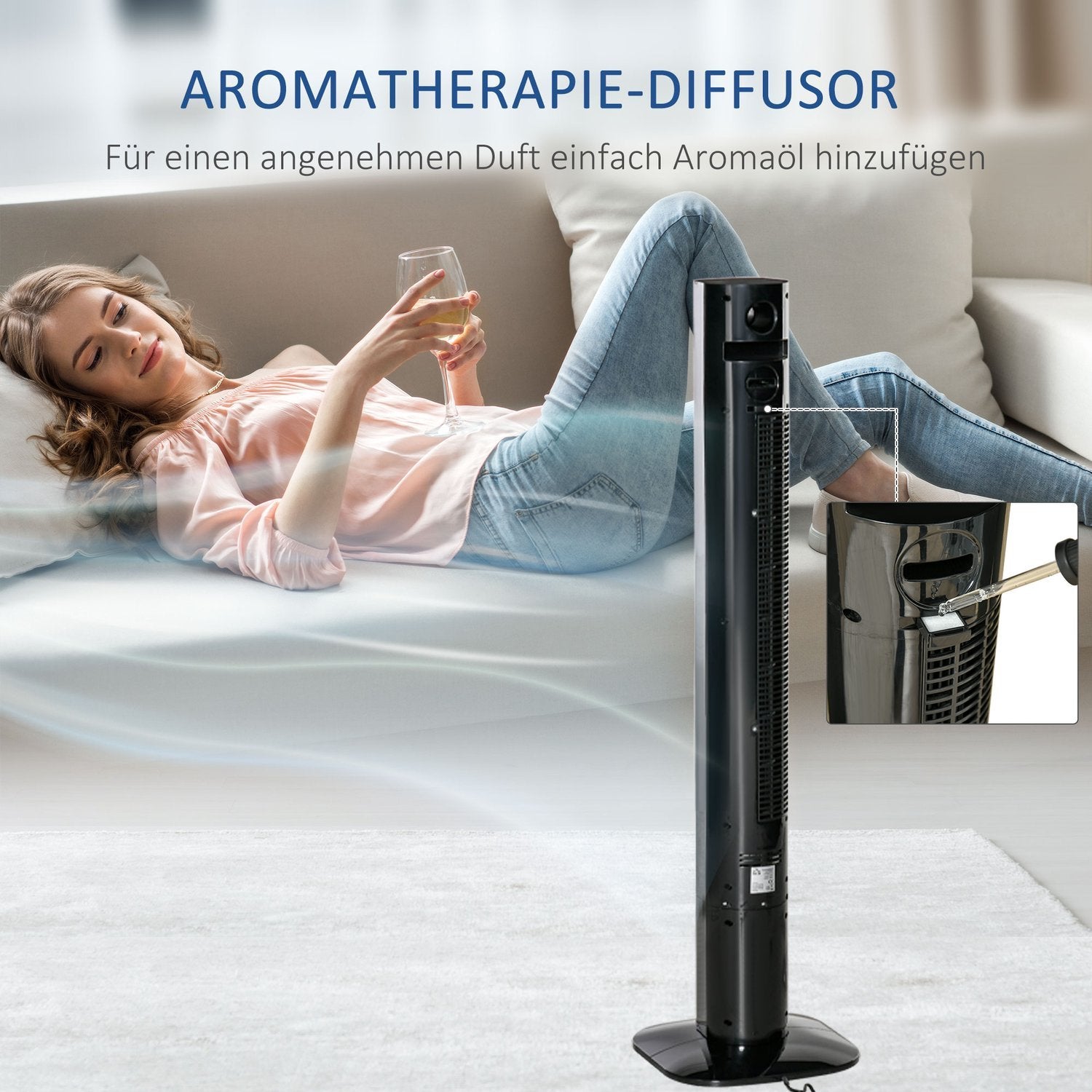 Tårnventilator Søjleventilator med fjernbetjening, Aroma Diffuser, Timer, 3 Niveauer, 45W, 70° Oscillation, Sort