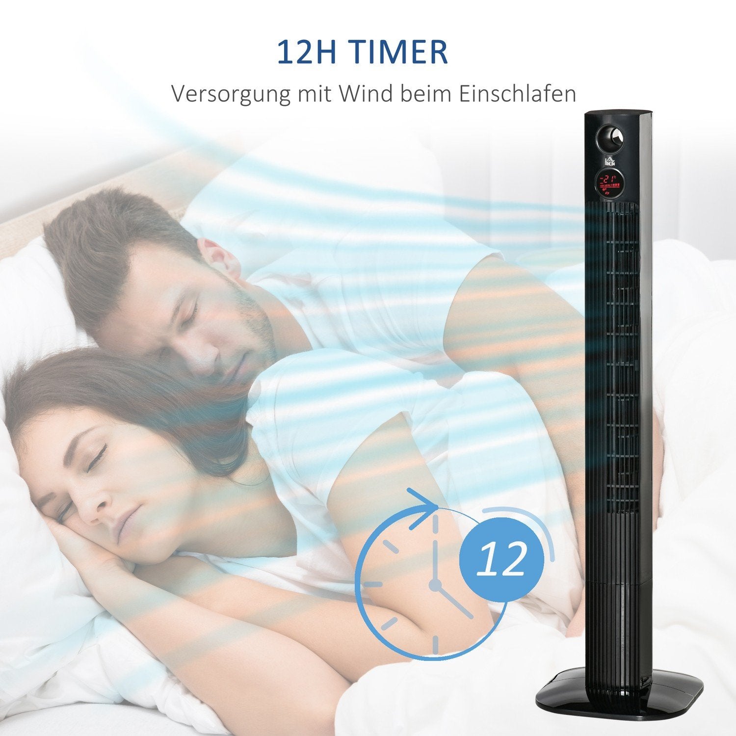 Tårnventilator Søjleventilator med fjernbetjening, Aroma Diffuser, Timer, 3 Niveauer, 45W, 70° Oscillation, Sort