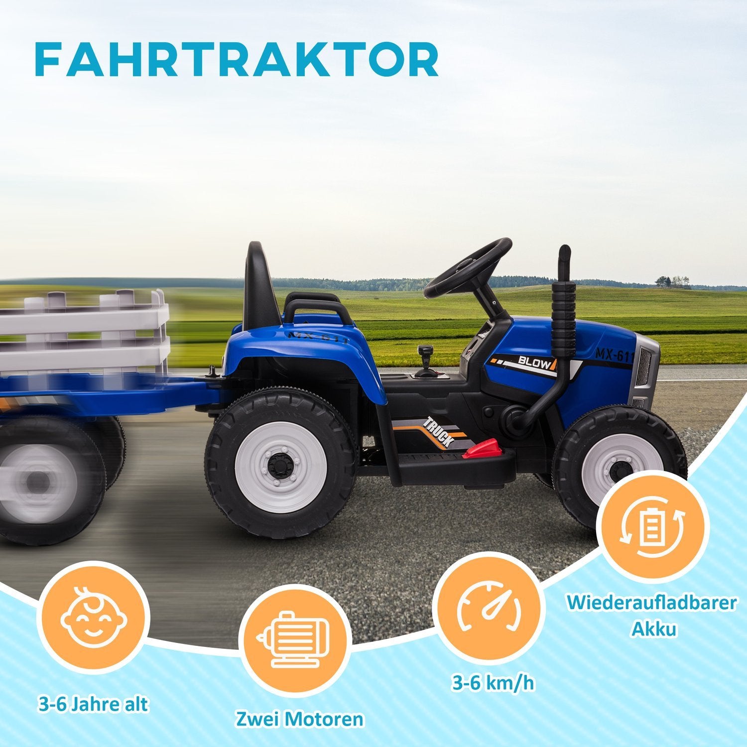 Traktor Trailer Børn Kører Traktor Fjernbetjening Elbil Mp3 Forlygte 3-6Km/H 3-6 År Blå