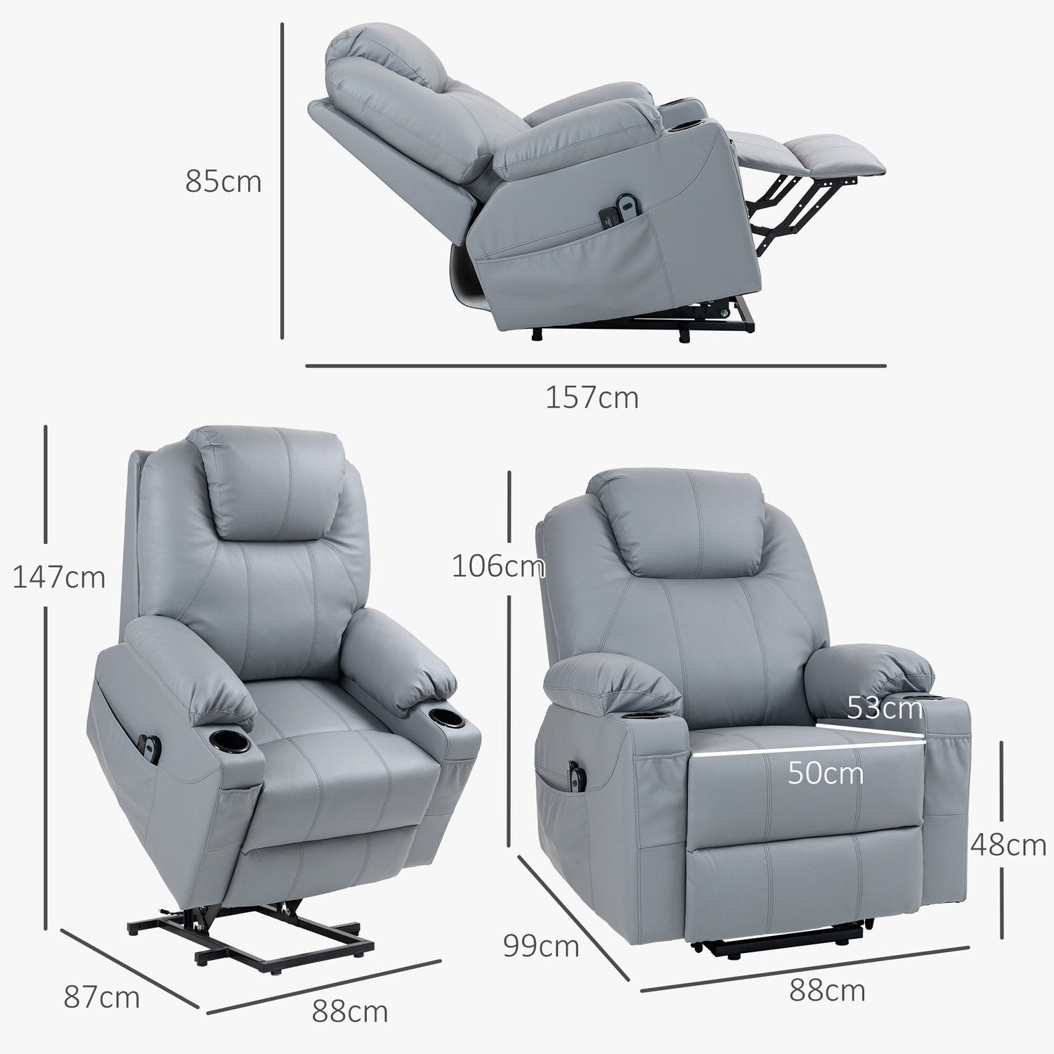 TV Stol Stativ Assist Elektrisk Afslapning Stol Massage Funktion Ligge Funktion Kopholder Fjernbetjening Sidelomme Grå