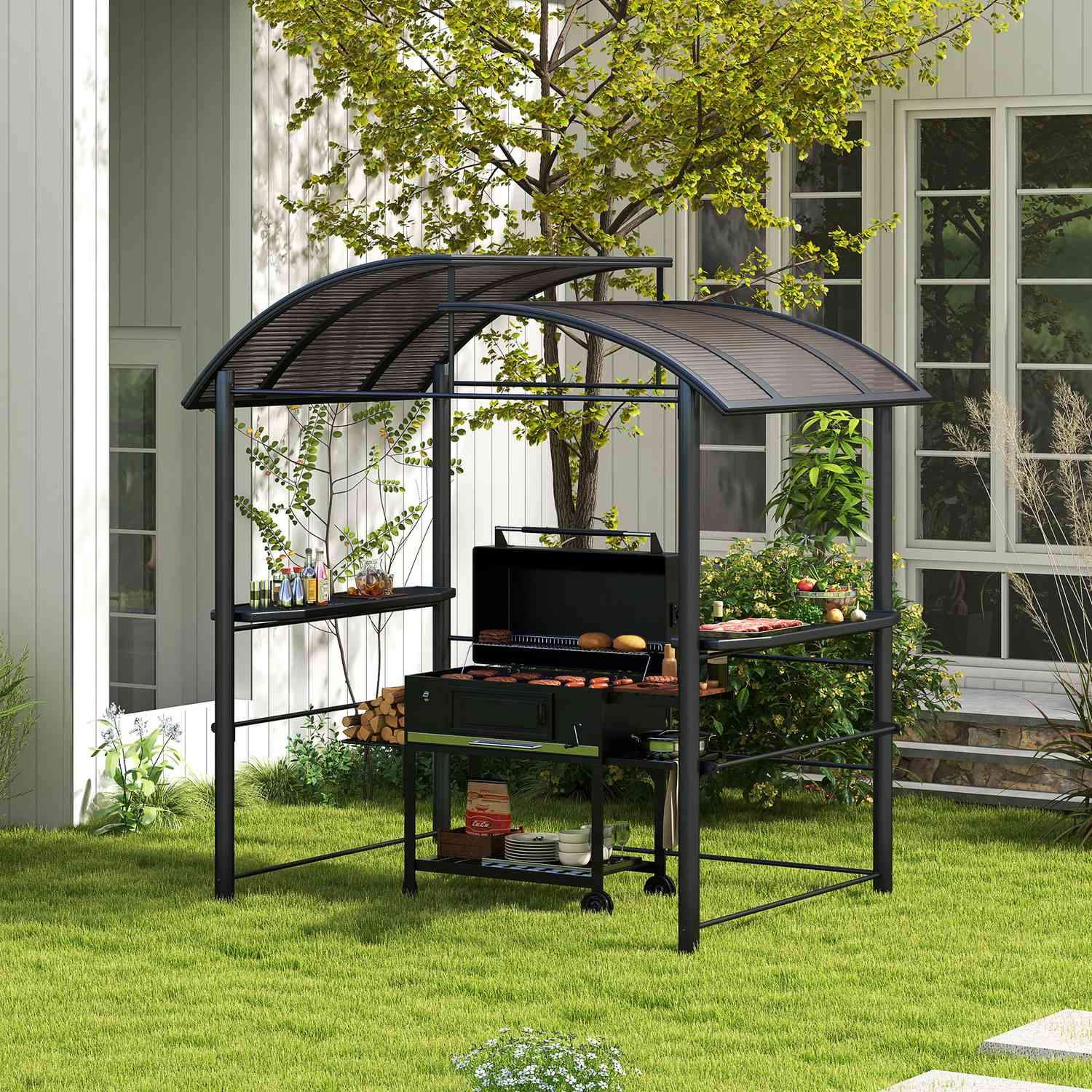 Grill Pavillon Flammesikkert Tag Bbq Pavillon 2 hylder UV Beskyttelse Pergola Have Altan Stål Stk Mørkegrå 240X150X230Cm