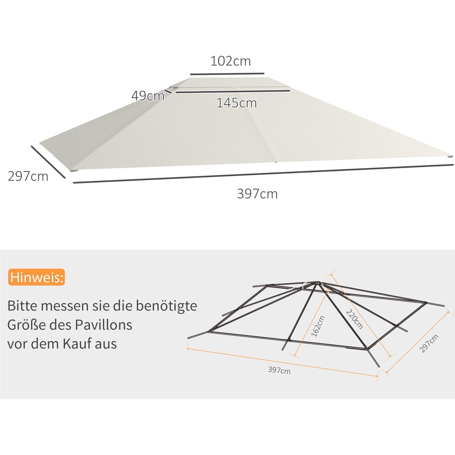 Udskiftningsbaldakin til havepavillon 3,97X2,97M UV-beskyttelse Vandtæt havepavilloncreme