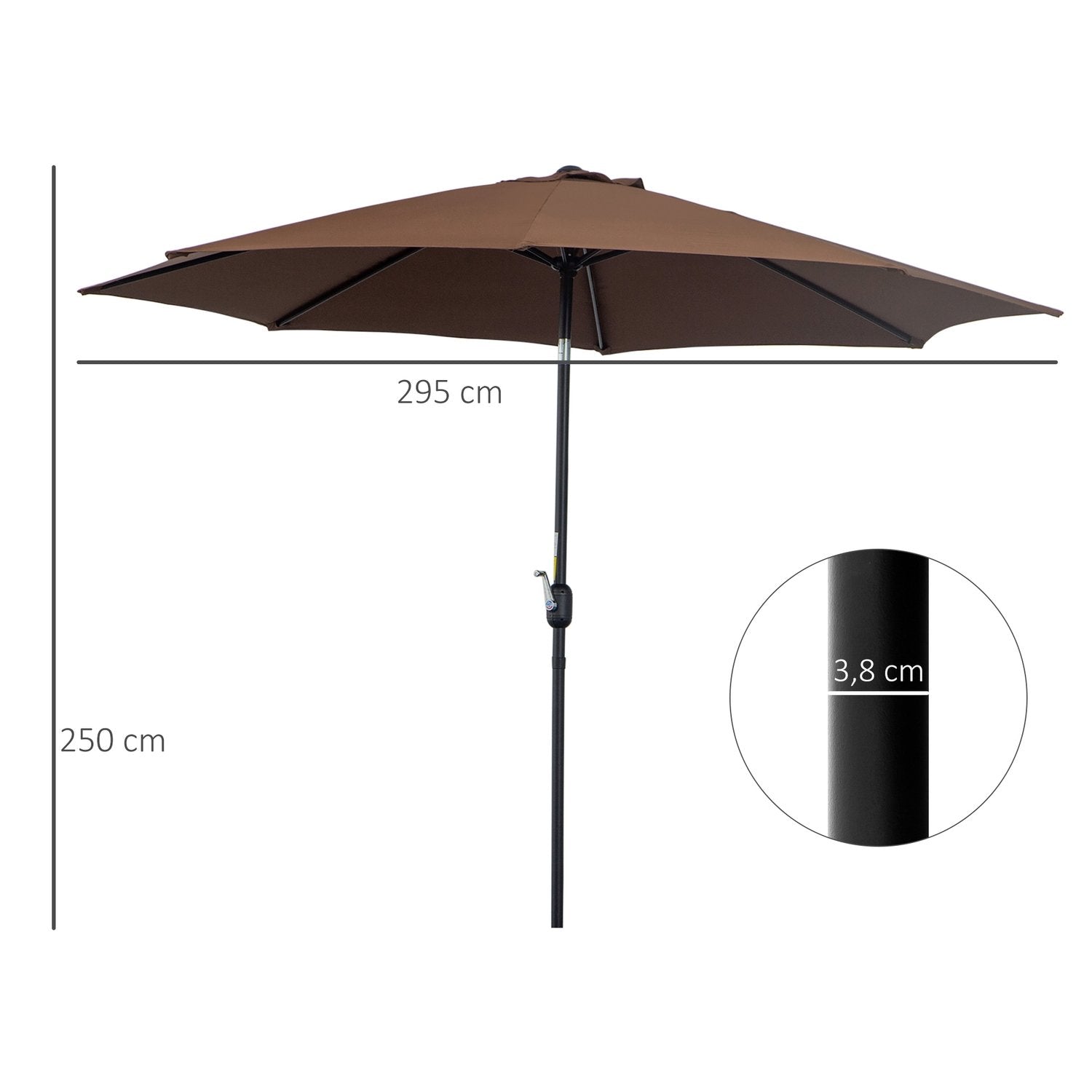 Parasol med håndsving Ø2,95 X 2,5 M foldeparaply, markedsparaply, brun, 180/M² polyester, stabil