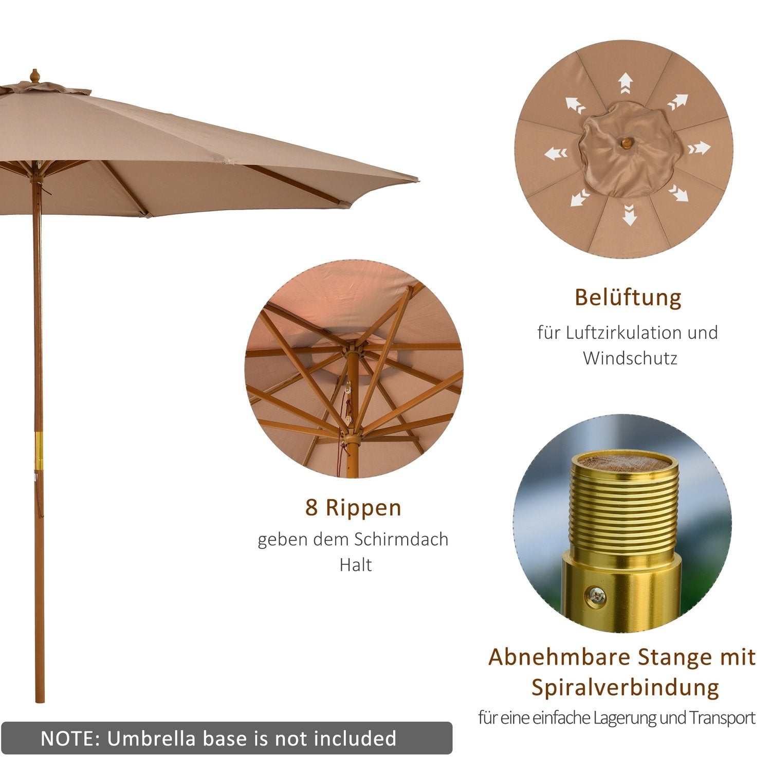 Parasol Træ 300 Cm Træparaply Haveparaply Balkon Paraply Bambus Khaki